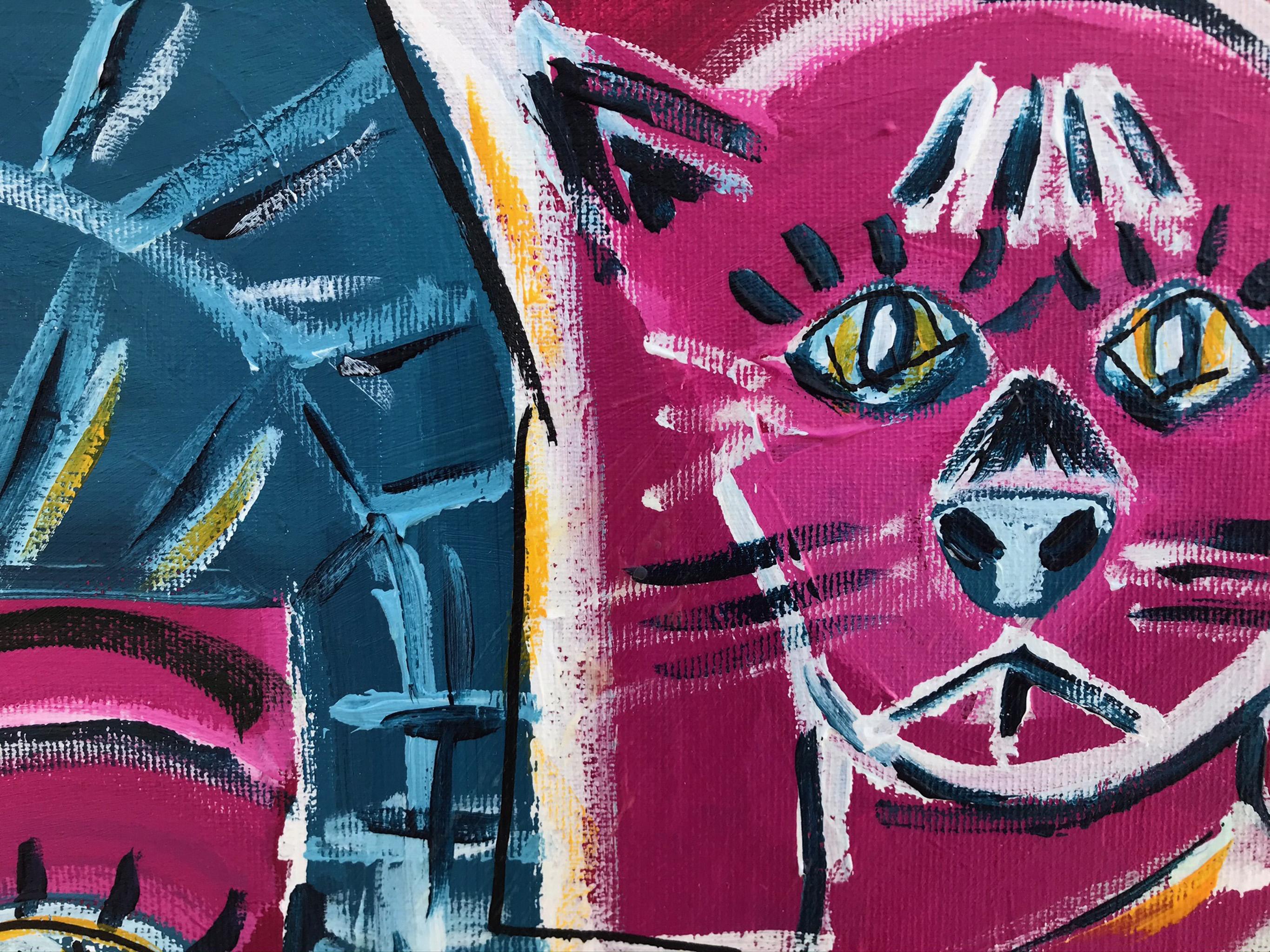 Poche Ramon 7 figures sur rouge  peinture acrylique originale - Expressionnisme abstrait Painting par Ramon Poch