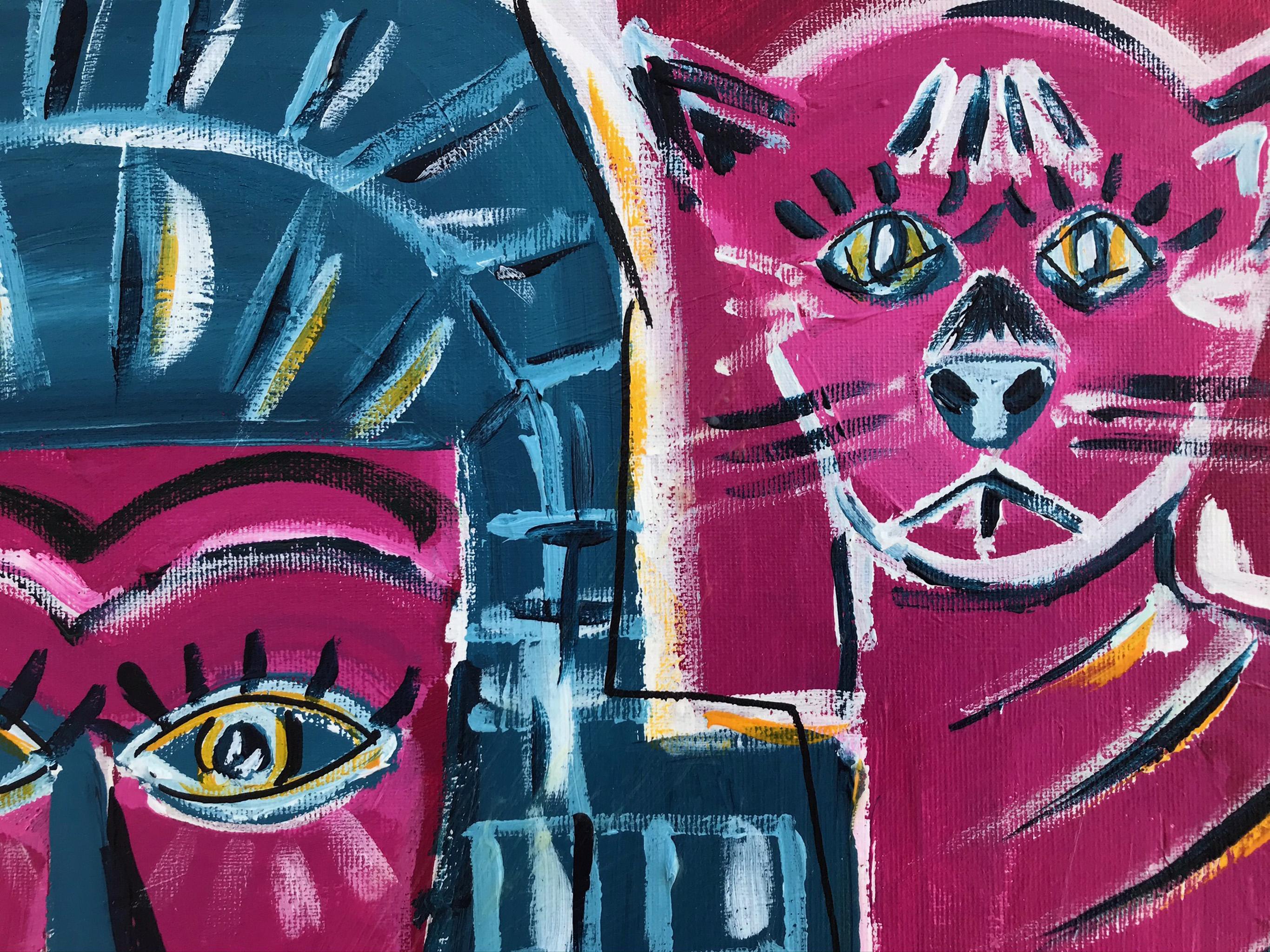 Poche Ramon 7 figures sur rouge  peinture acrylique originale - Noir Abstract Painting par Ramon Poch