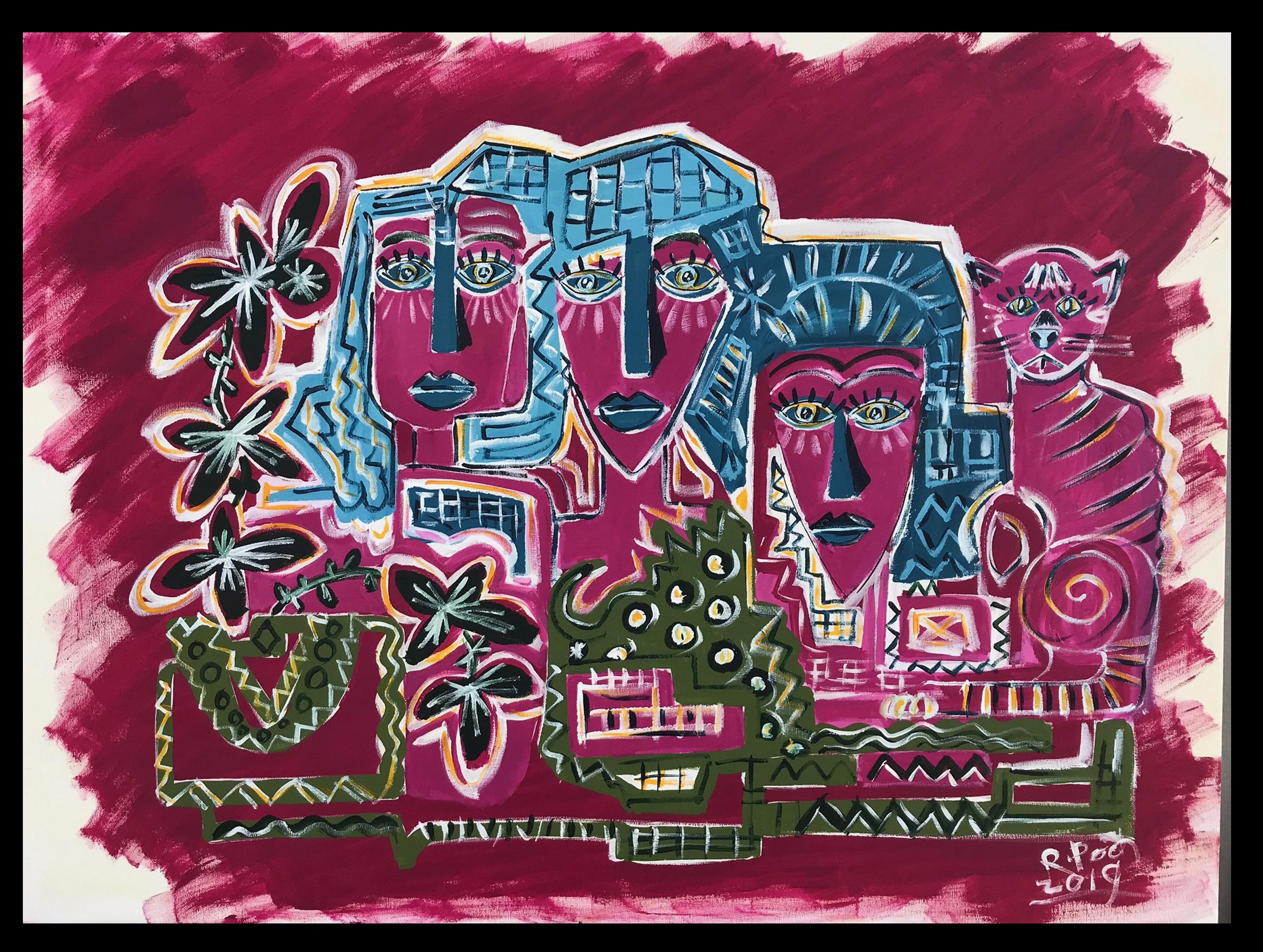 Abstract Painting Ramon Poch - Poche Ramon 7 figures sur rouge  peinture acrylique originale