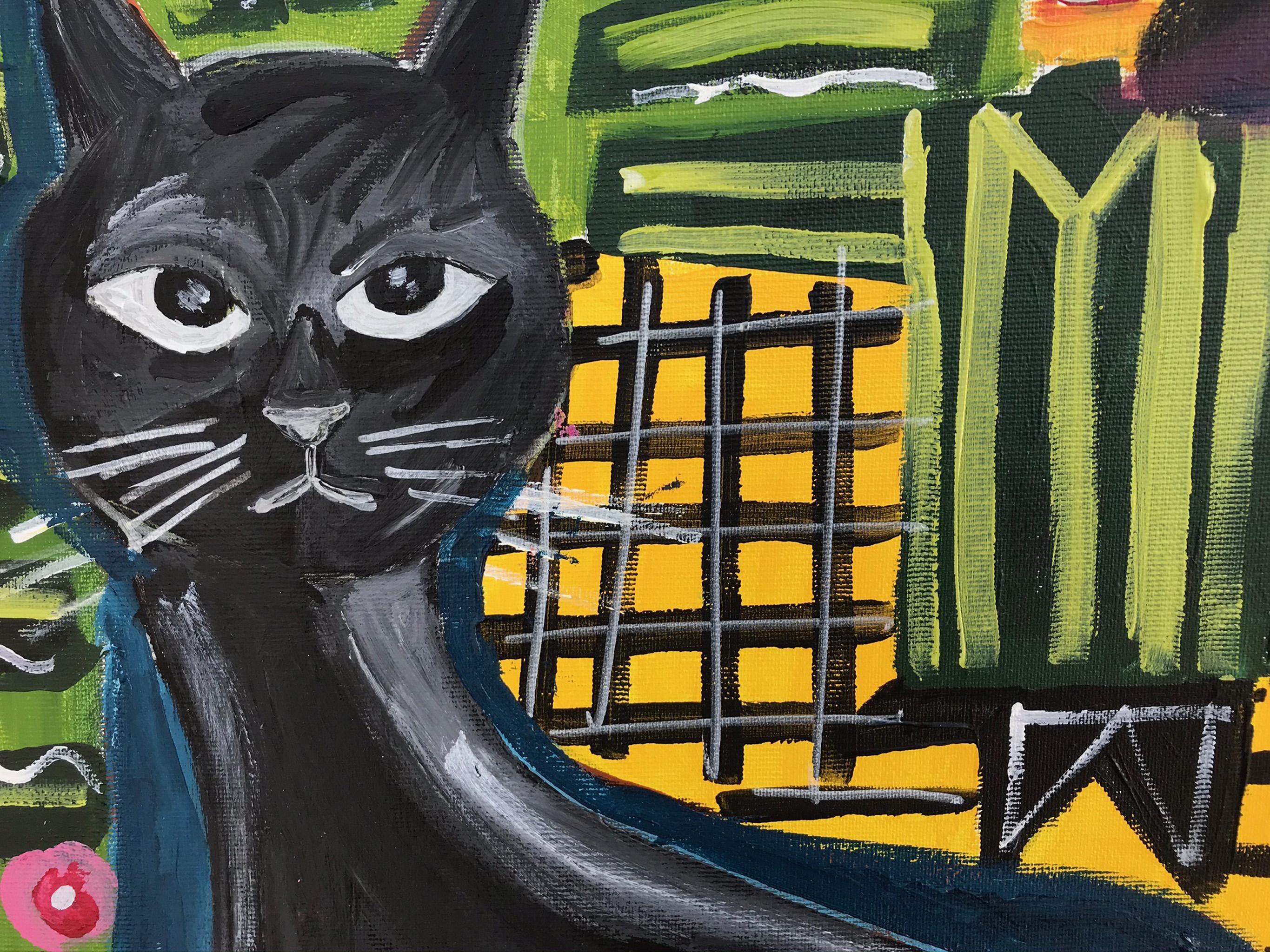 Ramon Poch  Akzent Schwarze Katze. Original-Acrylgemälde im Angebot 3