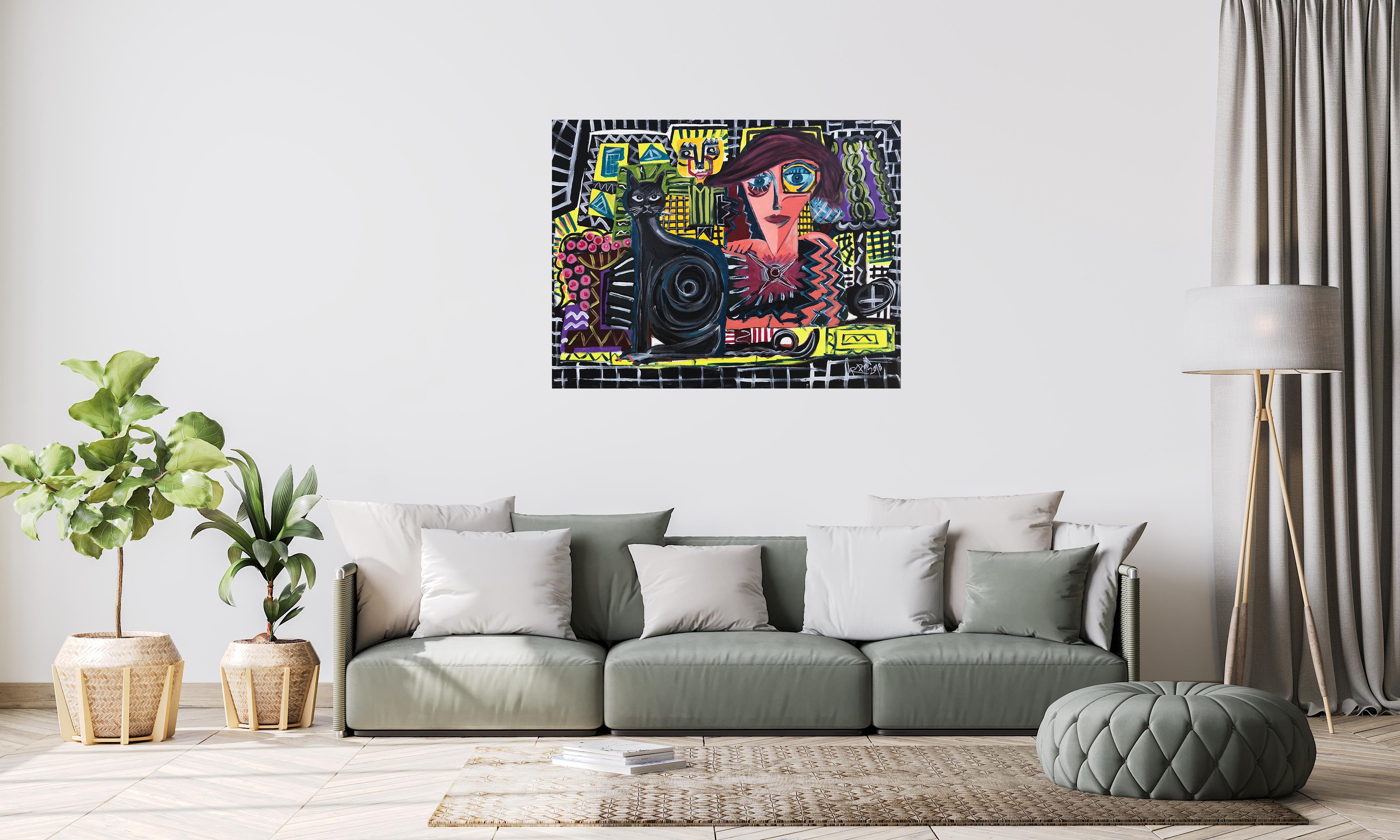 Ramon Poch  Akzent Schwarze Katze. Original-Acrylgemälde im Angebot 4