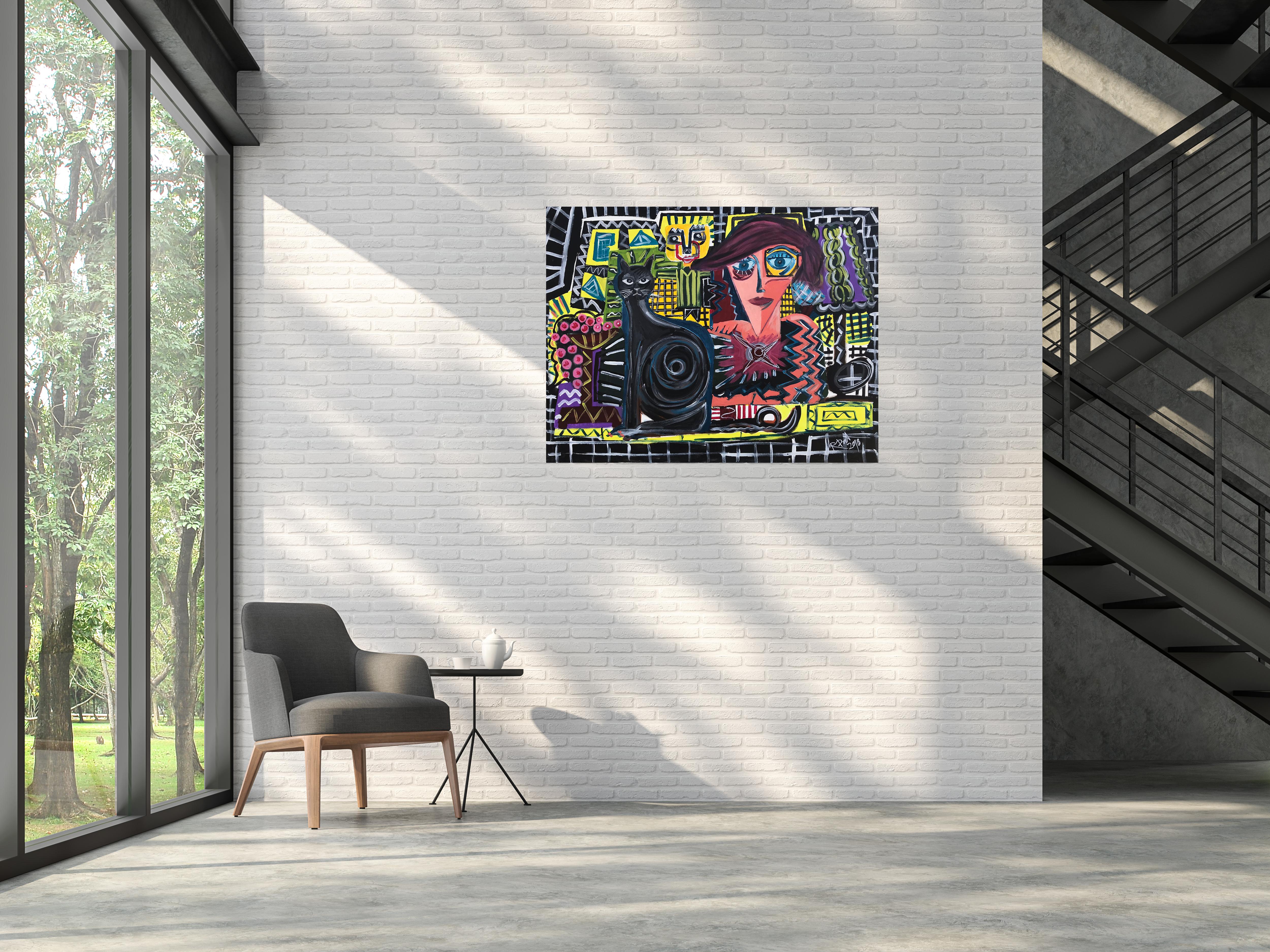 Ramon Poch  Akzent Schwarze Katze. Original-Acrylgemälde im Angebot 5