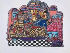 Ramon Poch  Couple with Cats 115 x 90 cm- original acrylic painting