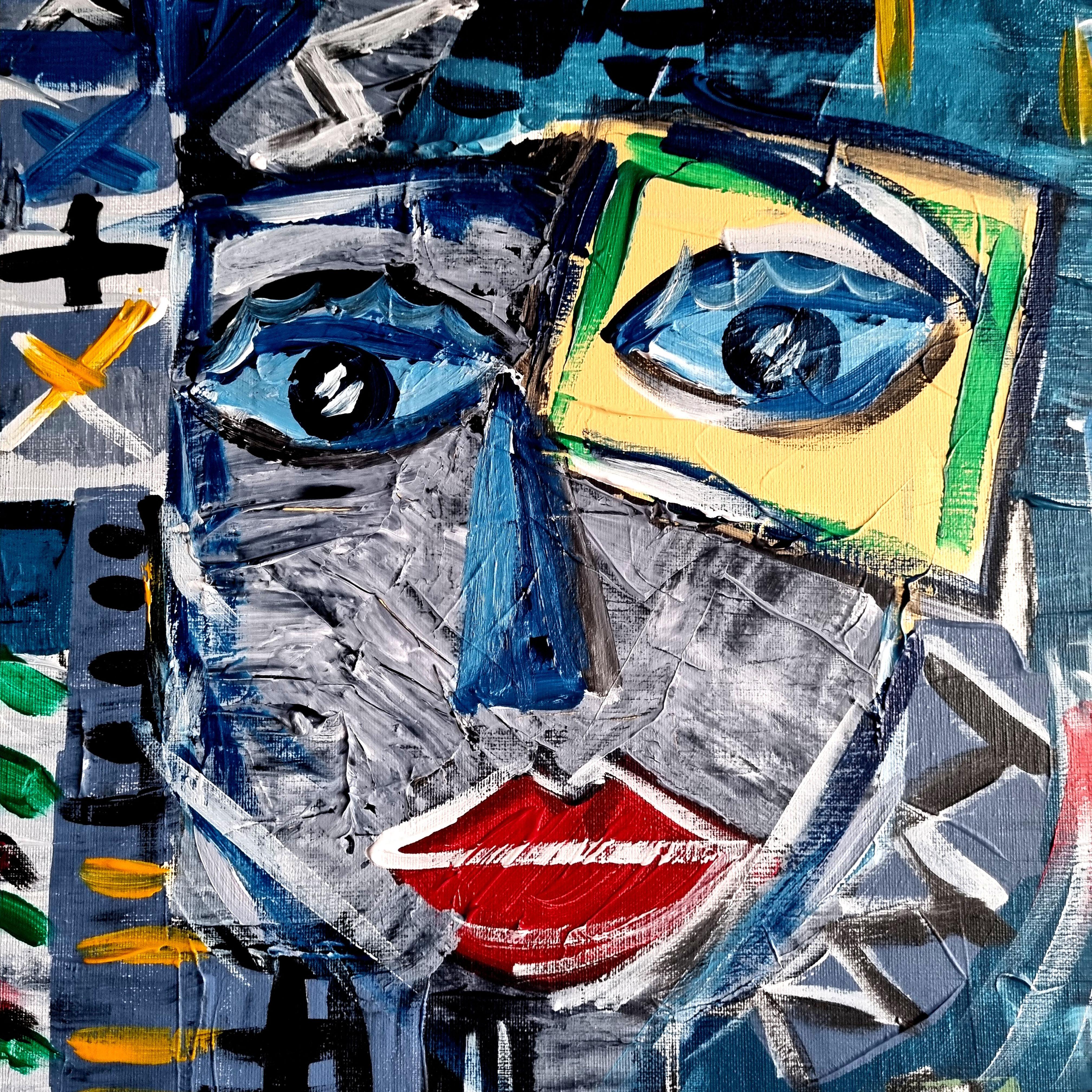 Ramon Poch   Faces Blue 100 x 120 cm  pittura acrilica in vendita 1