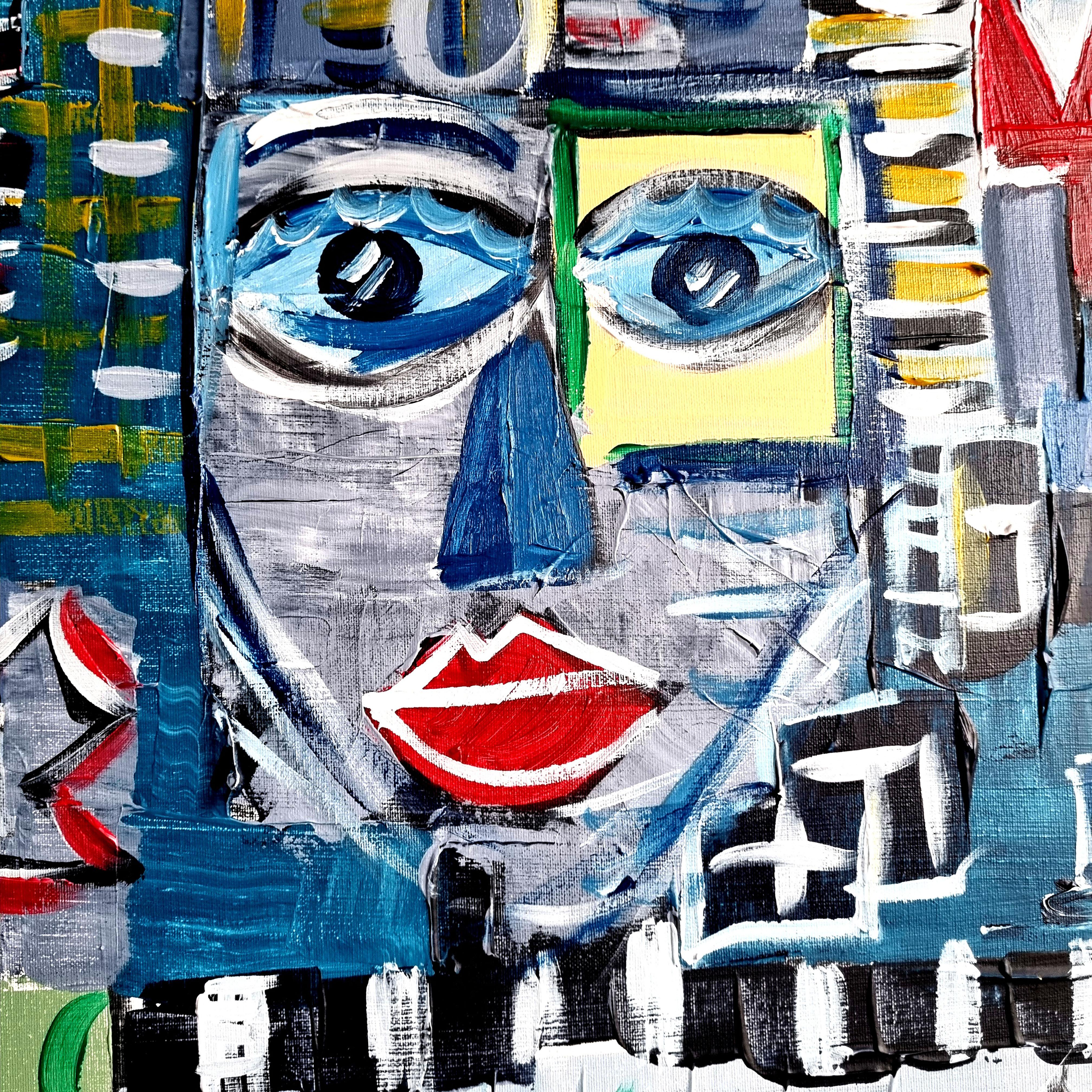 Ramon Poch   Faces Blue 100 x 120 cm  pittura acrilica in vendita 3
