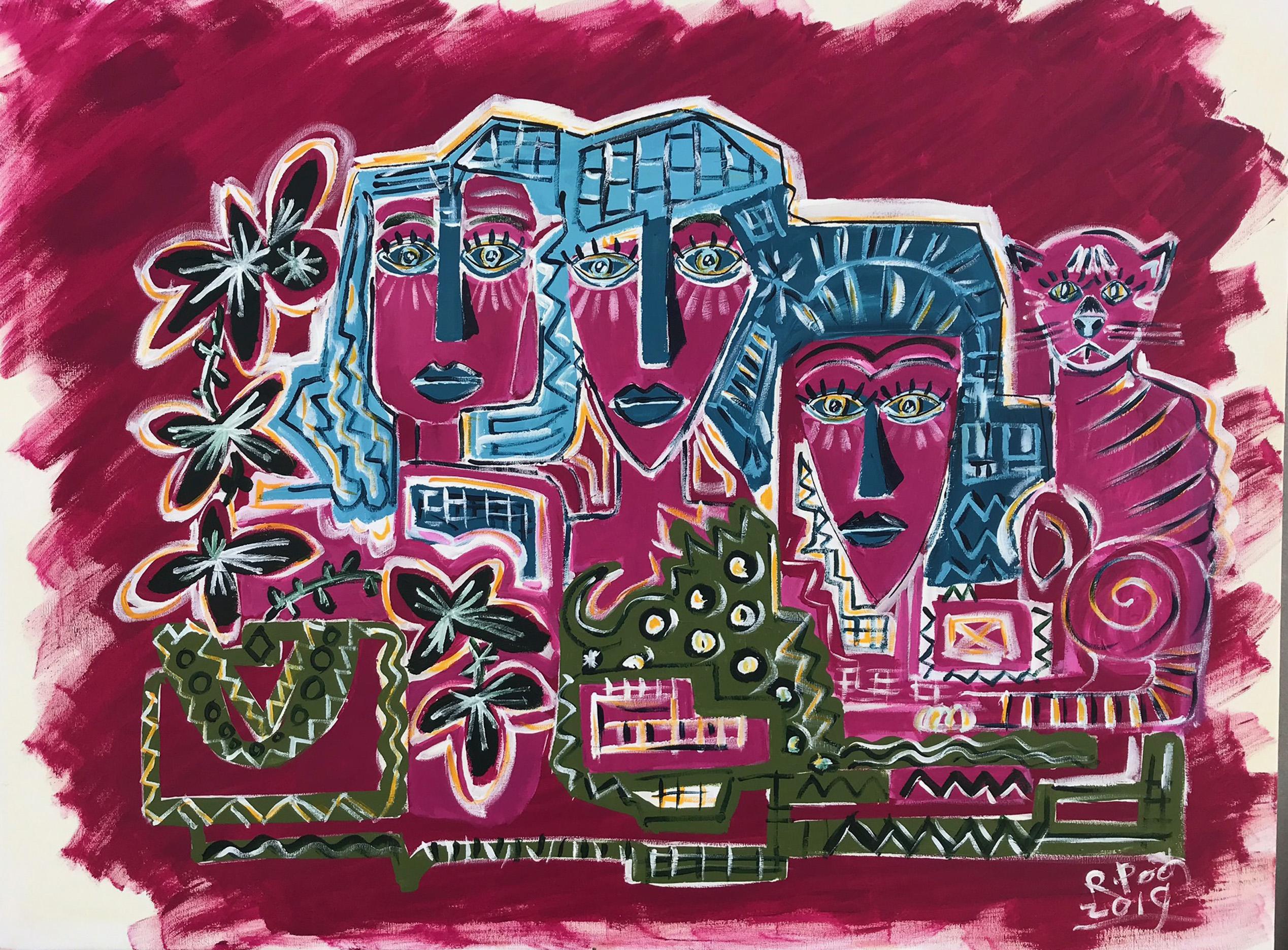 Ramon Poch Figure su Rosso  pittura acrilica originale in vendita 1