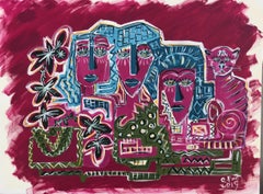 Ramon Poch  Chiffres sur fond rouge  peinture acrylique originale