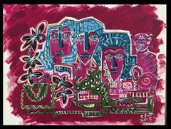 Used Ramon Poch  Figures on Red  original acrylic painting