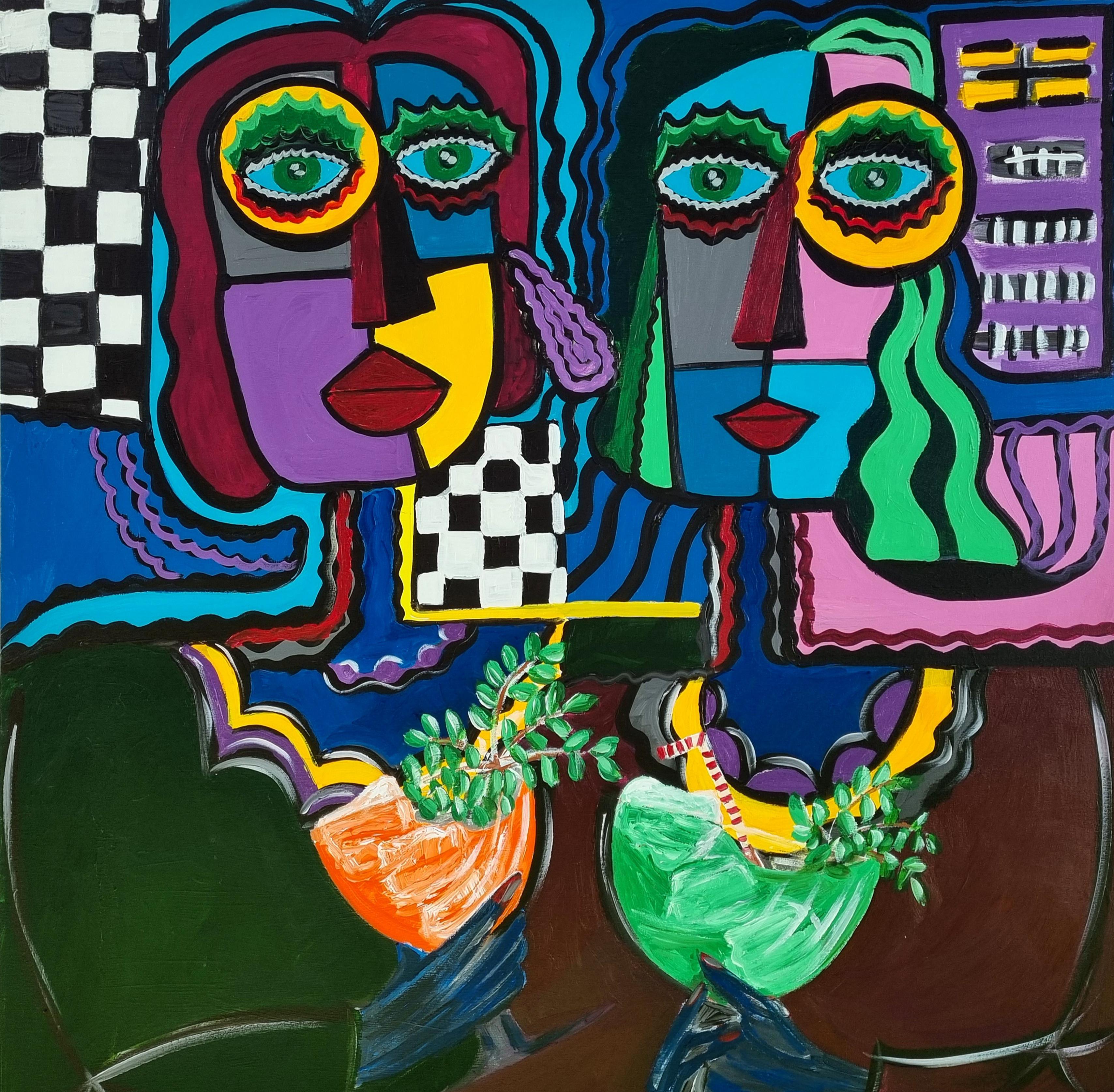 Figurative Painting Ramon Poch - RAMON POCH  AMIS 120 x 120 cm peinture acrylique originale