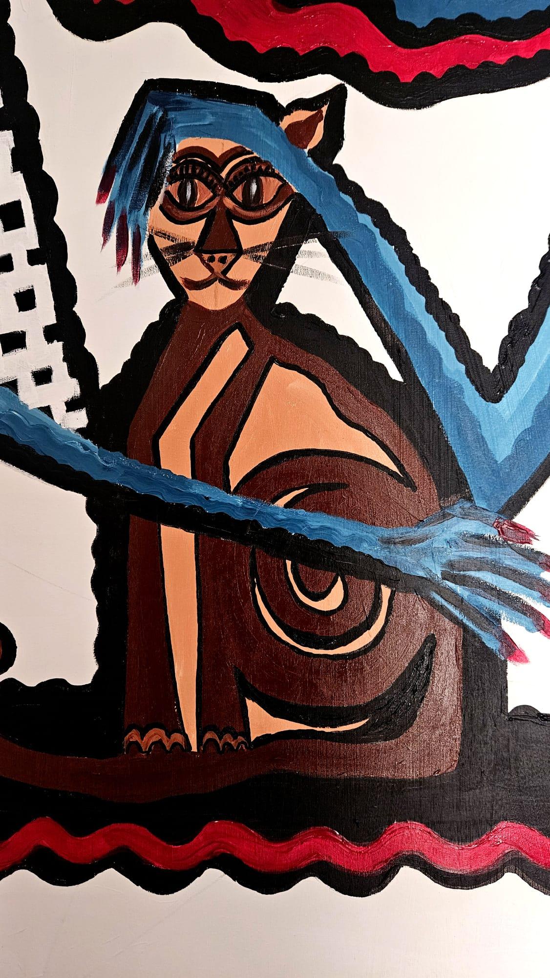Ramon Poch  La joven y el gatooriginal acrylic painting For Sale 4