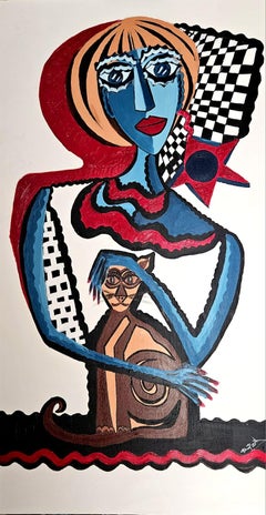 Ramon Poch  La joven y el gatooriginal acrylic painting