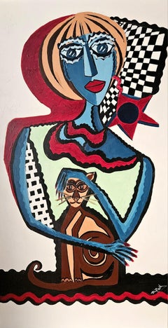 Ramon Poch  La joven y el gatooriginal acrylic painting