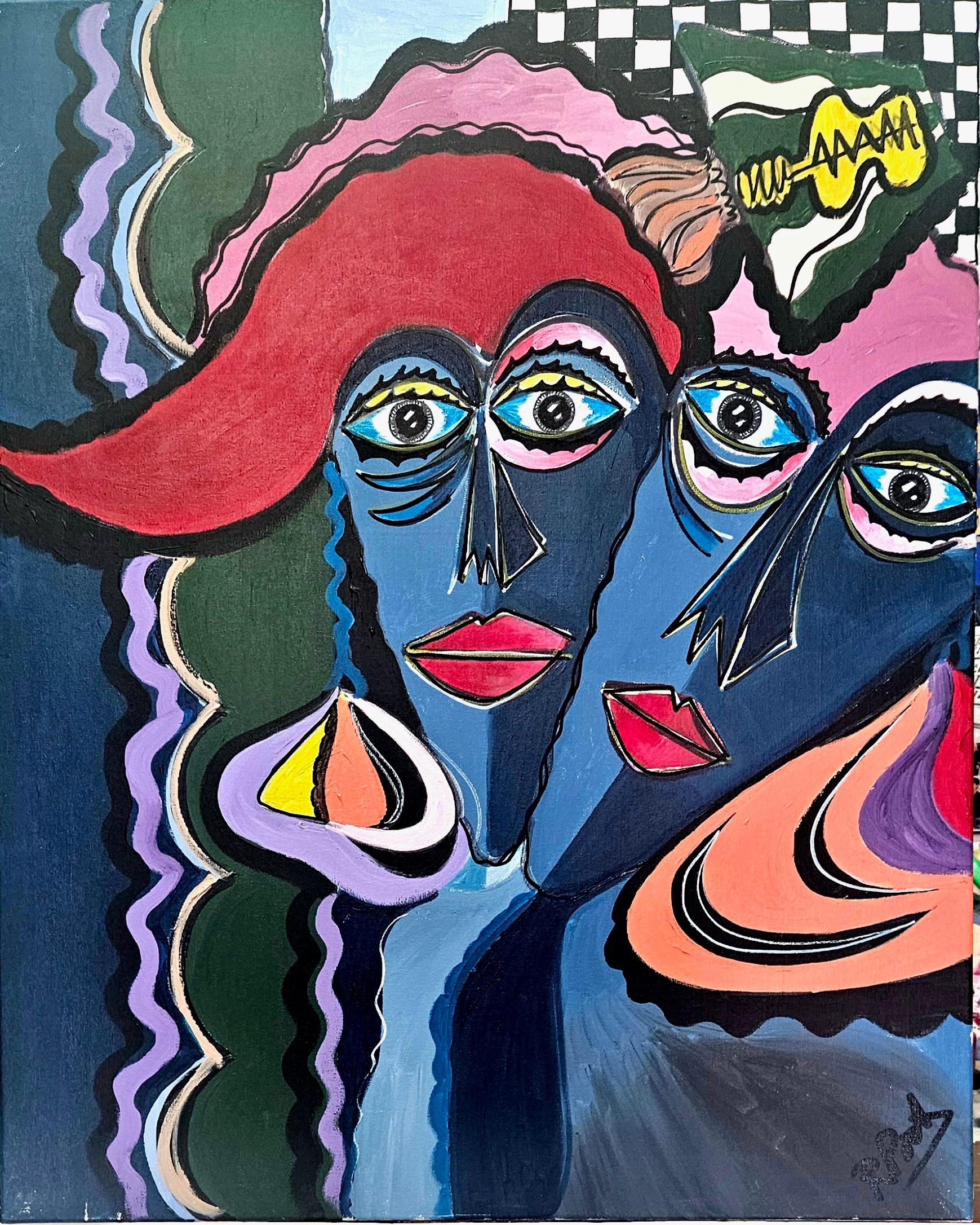 Ramon Poch 166 portrait tres acrylic painting framed 90x115 cm