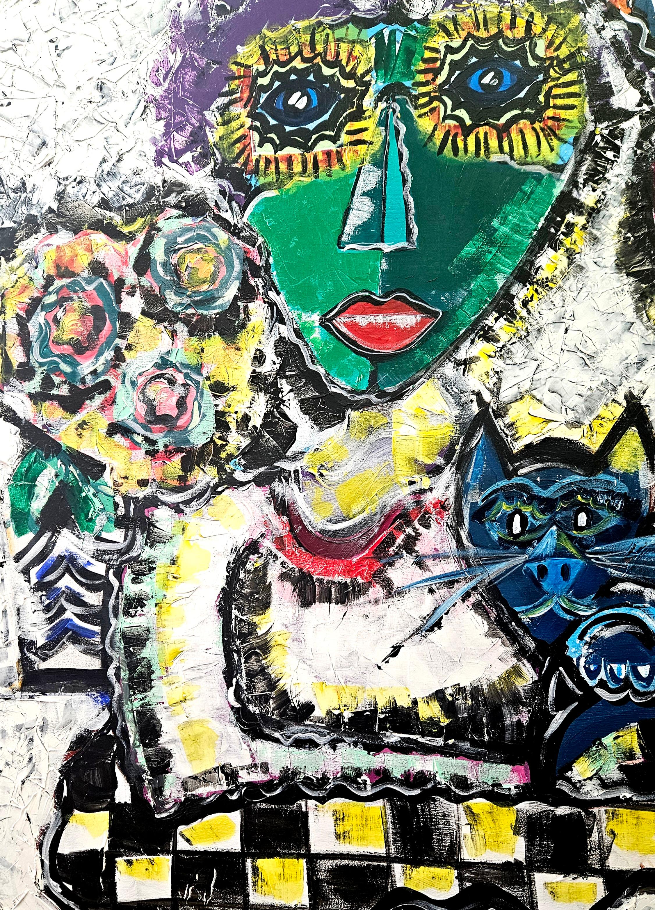 RAMON POCH. RETRATO DE  FAMILIA   acrylic painting - Beige Abstract Painting by Ramon Poch