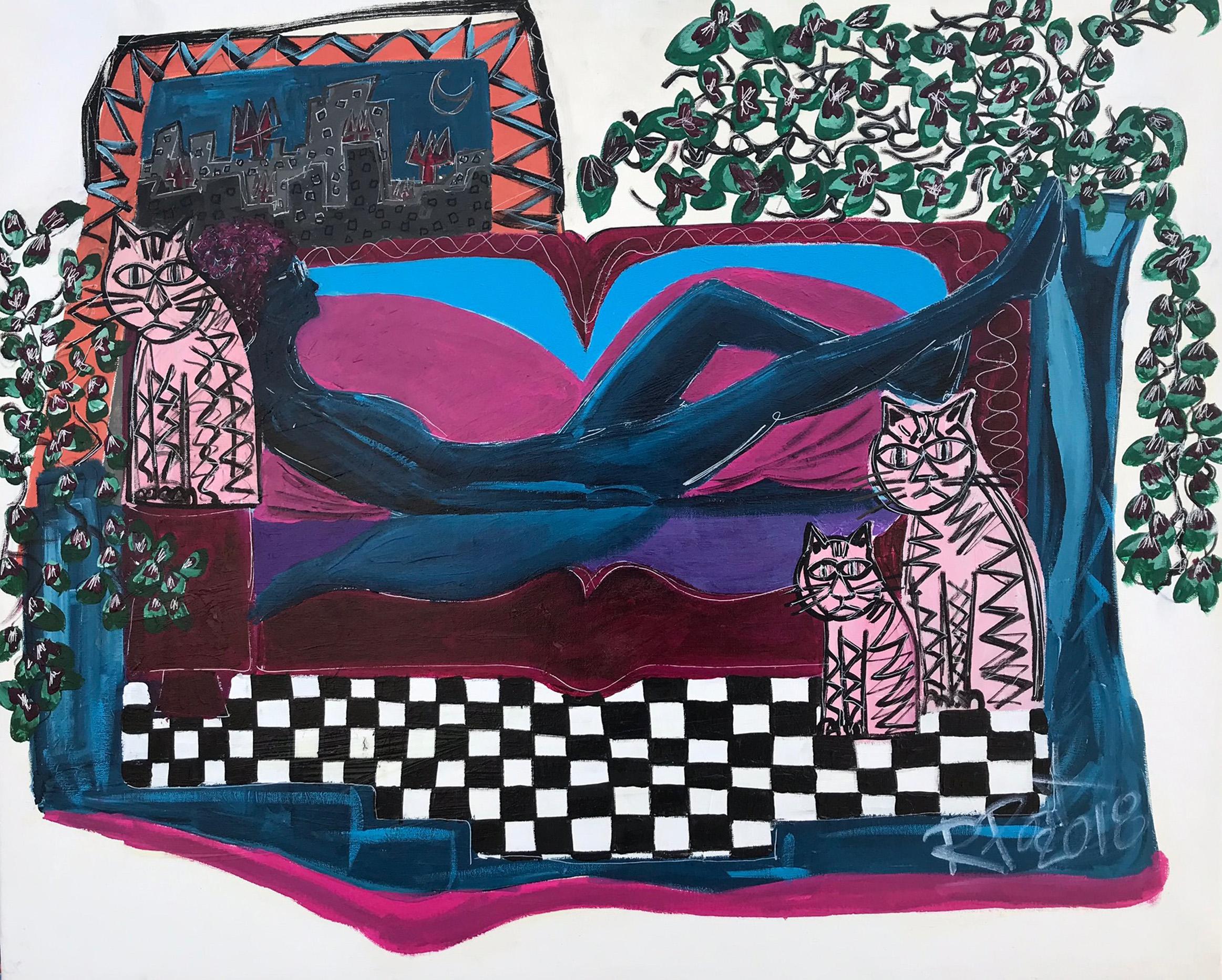 Ramon Poch Abstract Painting - RAMON POCH   Woman on Sofa   acrylic painting