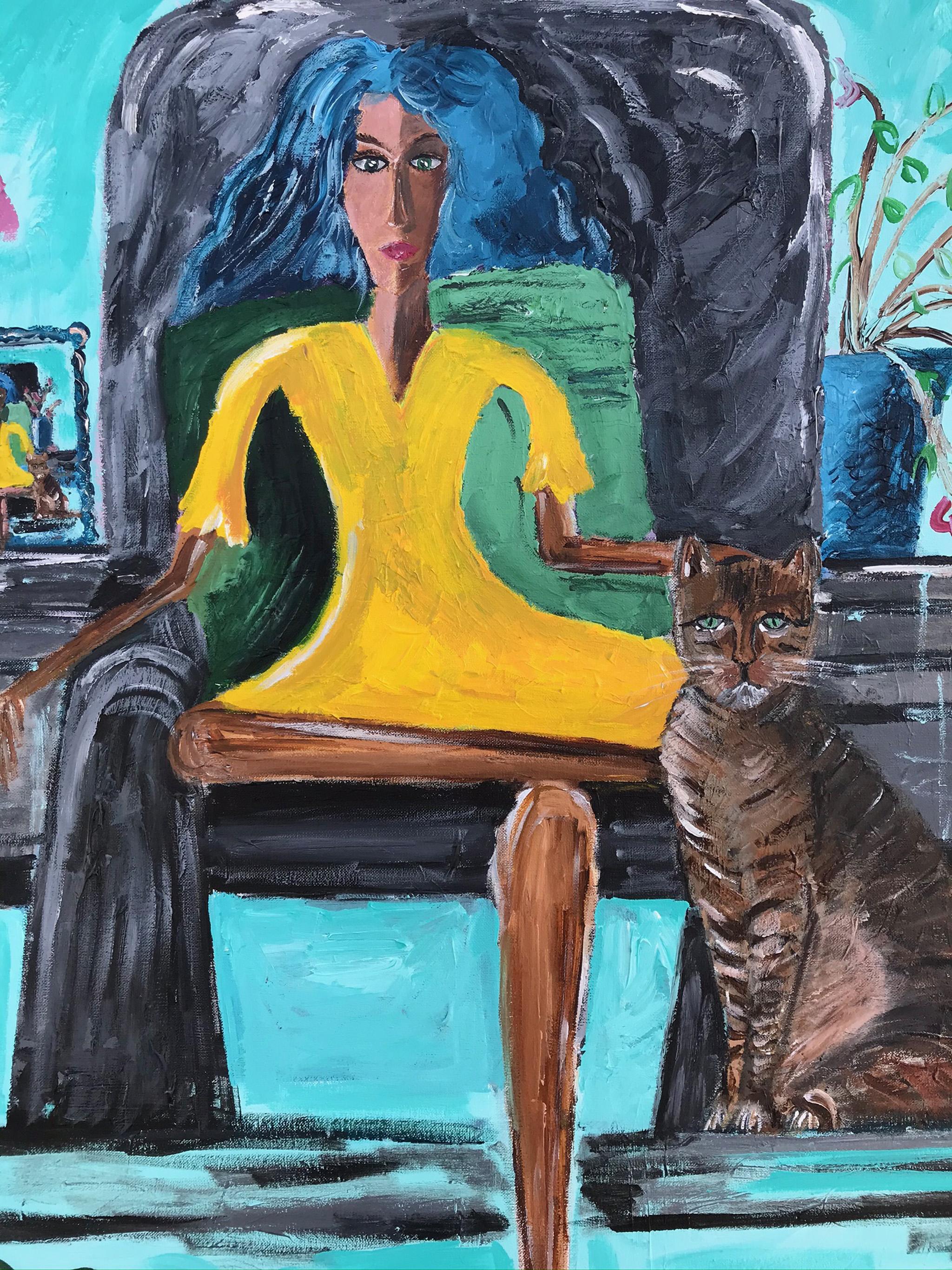 RAMON POCH   Donna con gatto   pittura acrilica - Abstract Painting Nero di Ramon Poch