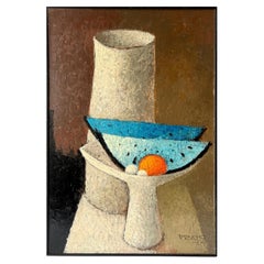 Vintage Ramon Prats Oil on Board Modernist Still Life with Blue Watermelon