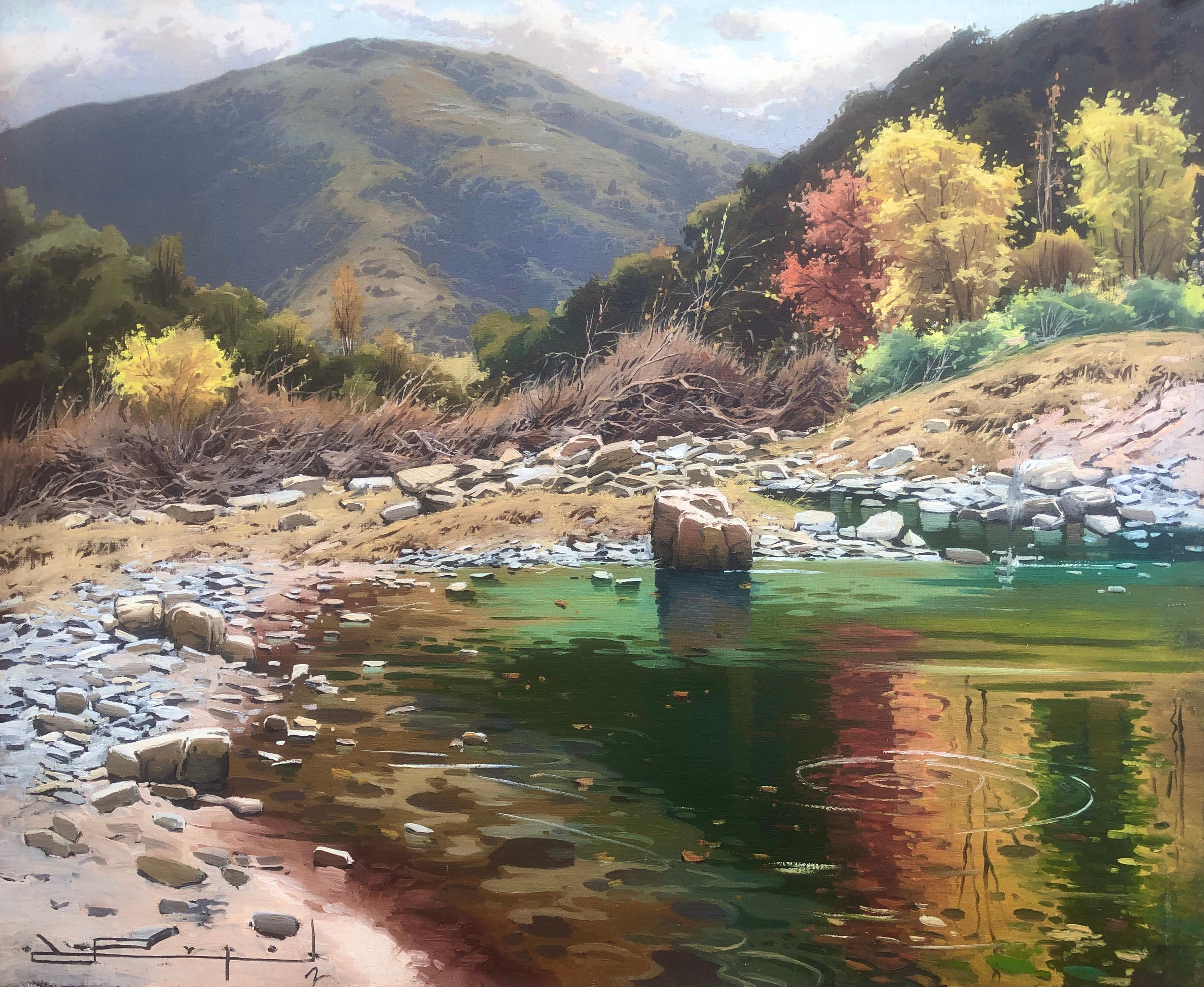 Landscape Painting Ramon Pujol - Paysage avec peinture à l'huile sur toile de rivière, Espagne