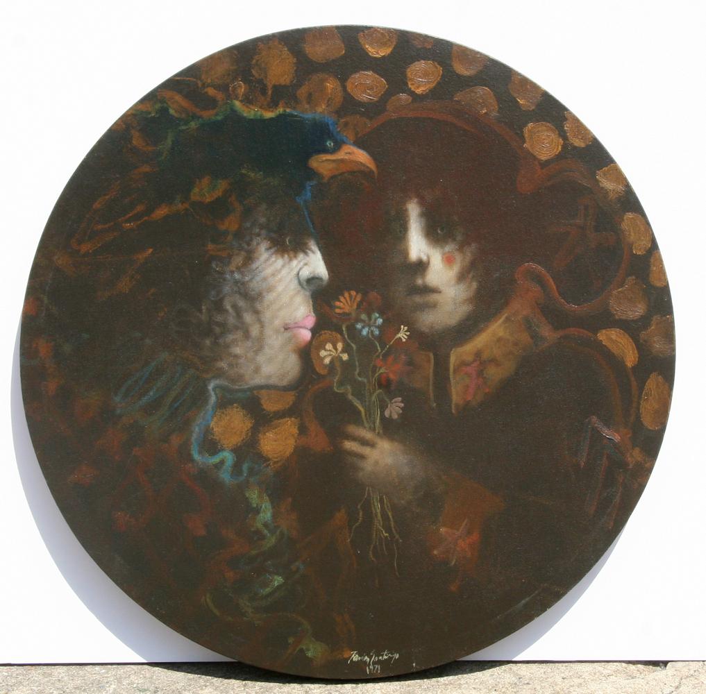 Figurative Painting de Ramone Santiago - Pareja con pájaro y ramo, gran óleo surrealista de Ramon Santiago