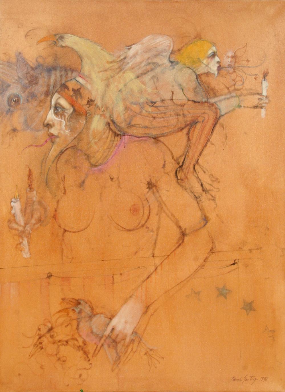 Passato, presente e futuro, trittico pittorico di Ramon Santiago - Figurative Painting Arancia di Ramone Santiago