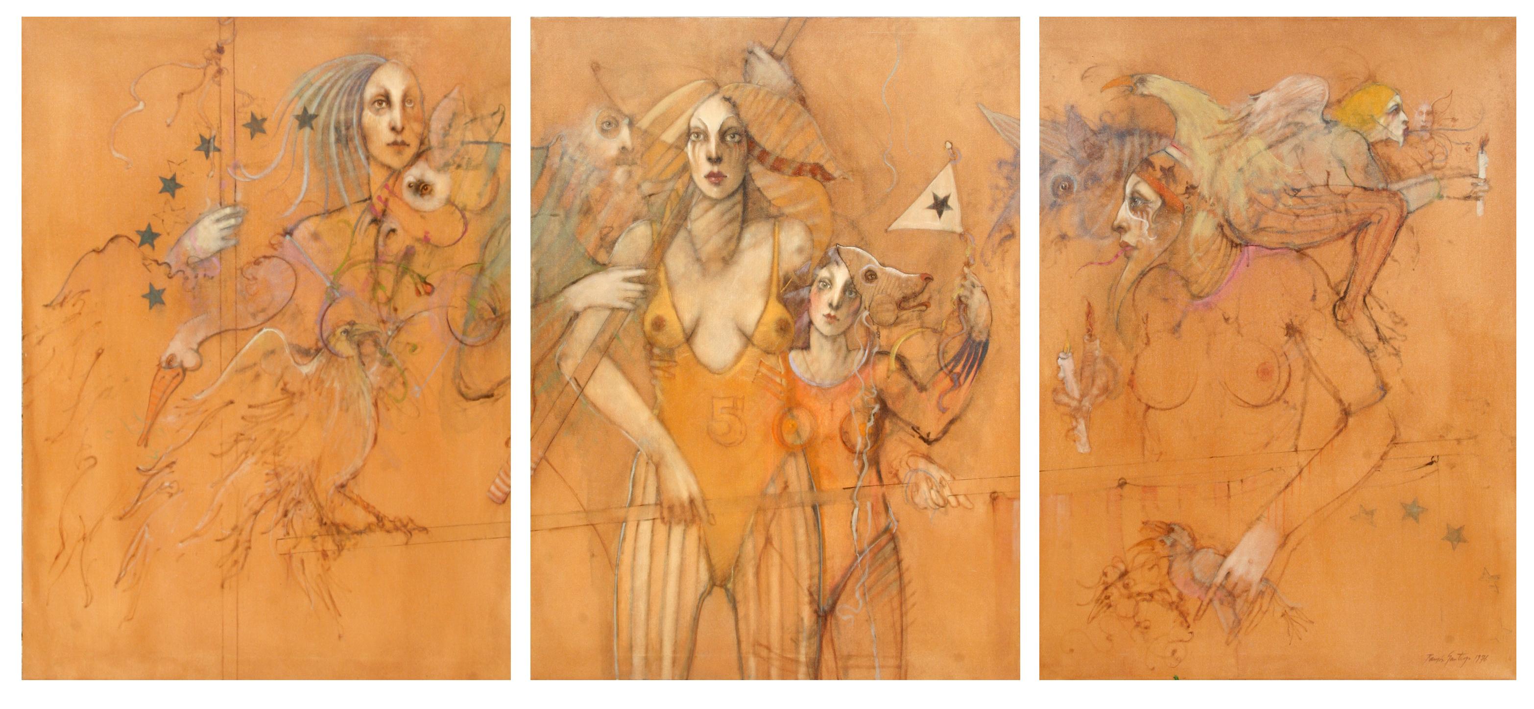 Ramone Santiago Figurative Painting - Past, Present and Future, Painting Triptych by Ramon Santiago