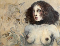 Deux oiseaux, huile sur toile signée Nu surréaliste de Ramon Santiago