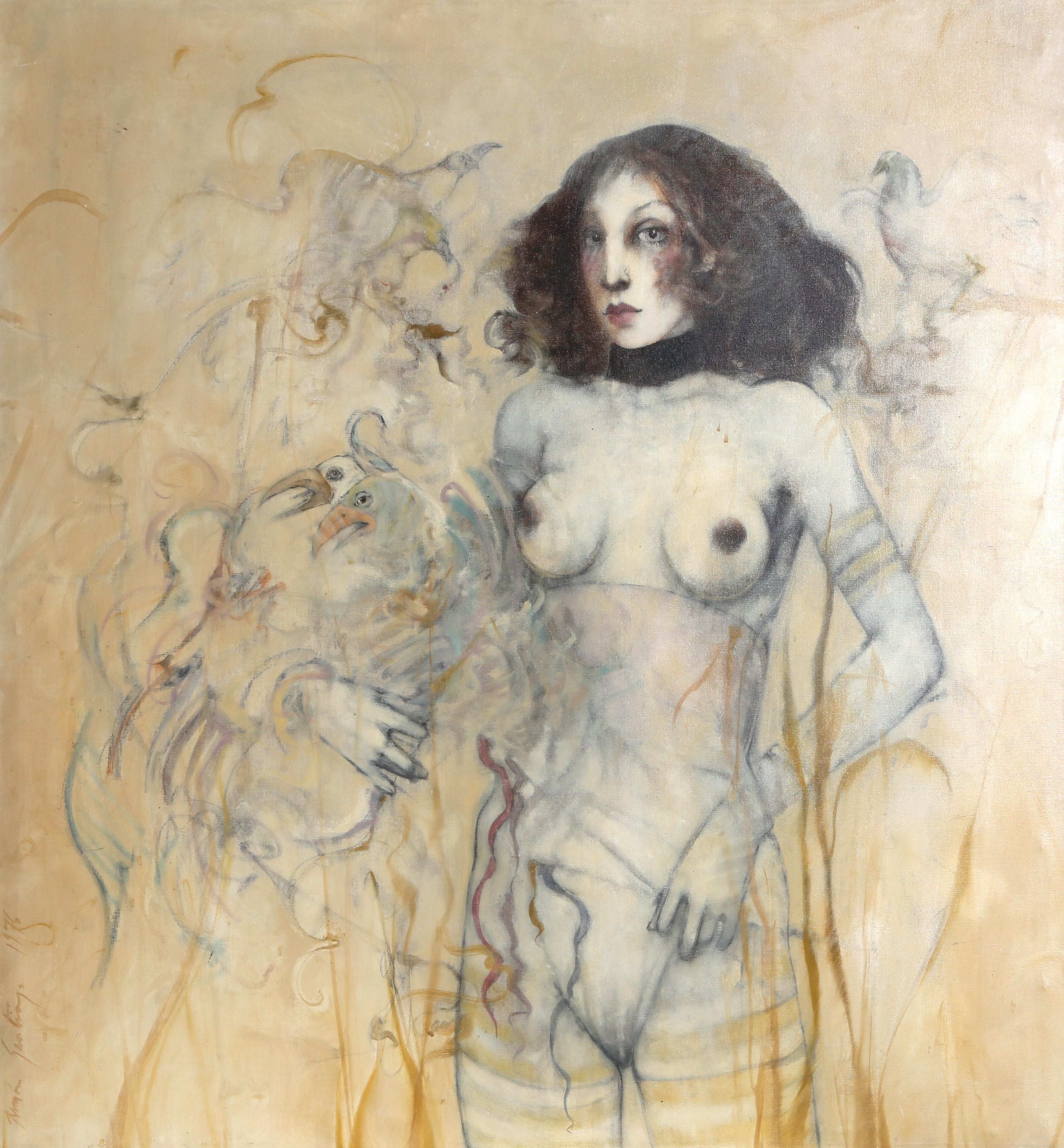 Two Birds, Signed Oil on Canvas Surrealist Nude by Ramon Santiago