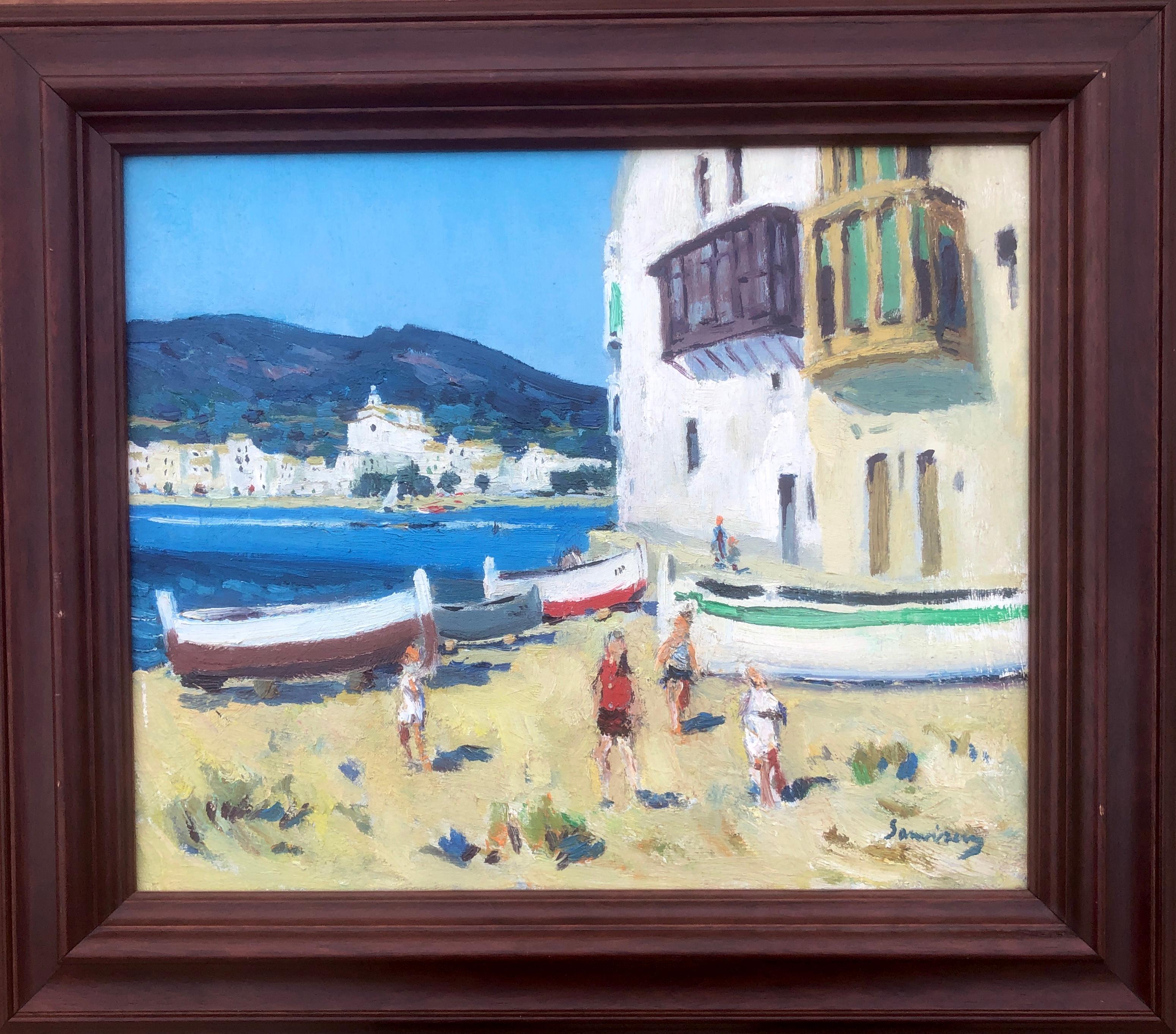 Cadaques Spain oil on canvas painting spanish mediterranean seascape - Painting by Ramon Sanvisens Marfull