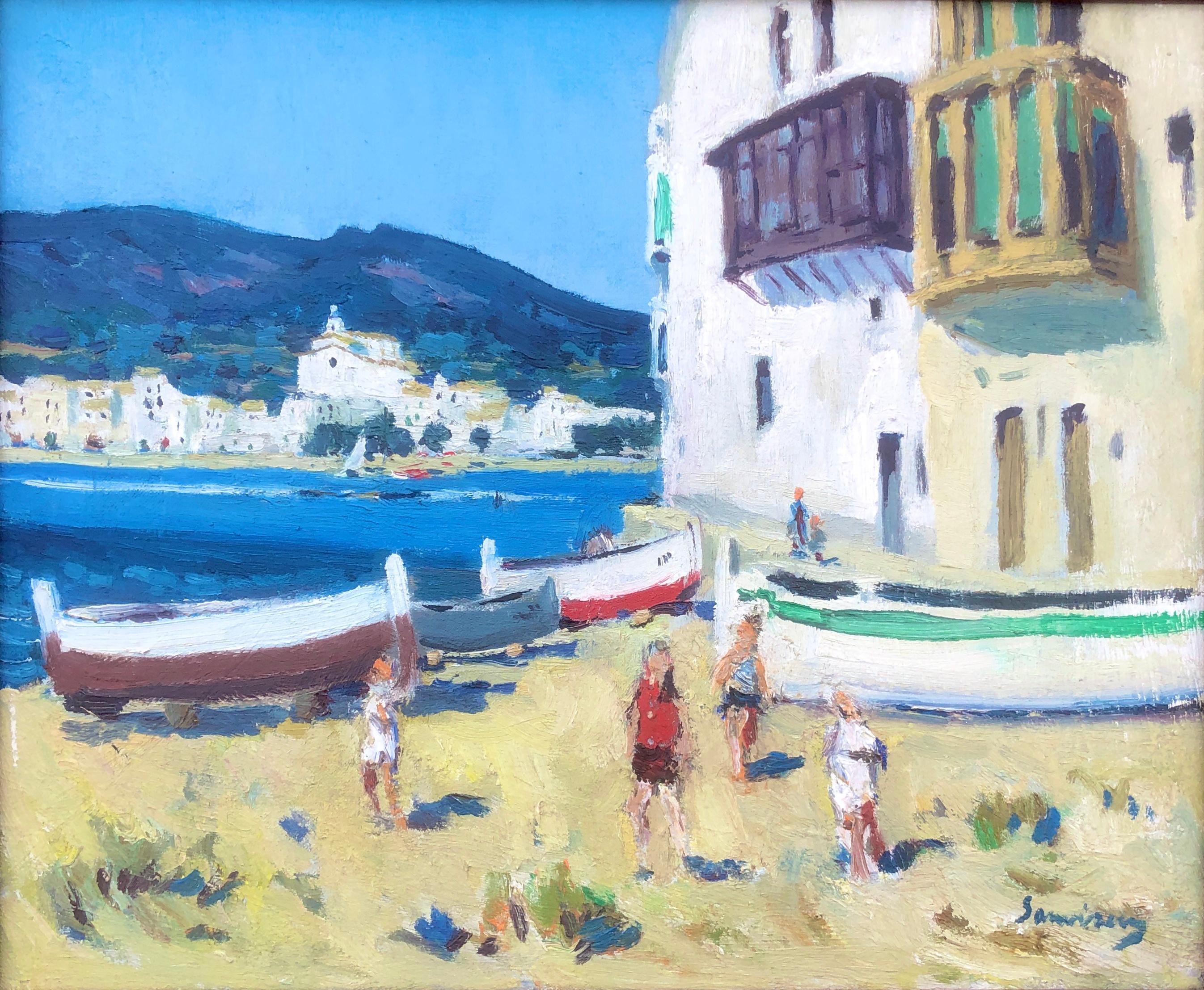 Ramon Sanvisens Marfull Figurative Painting - Cadaques Spain oil on canvas painting spanish mediterranean seascape