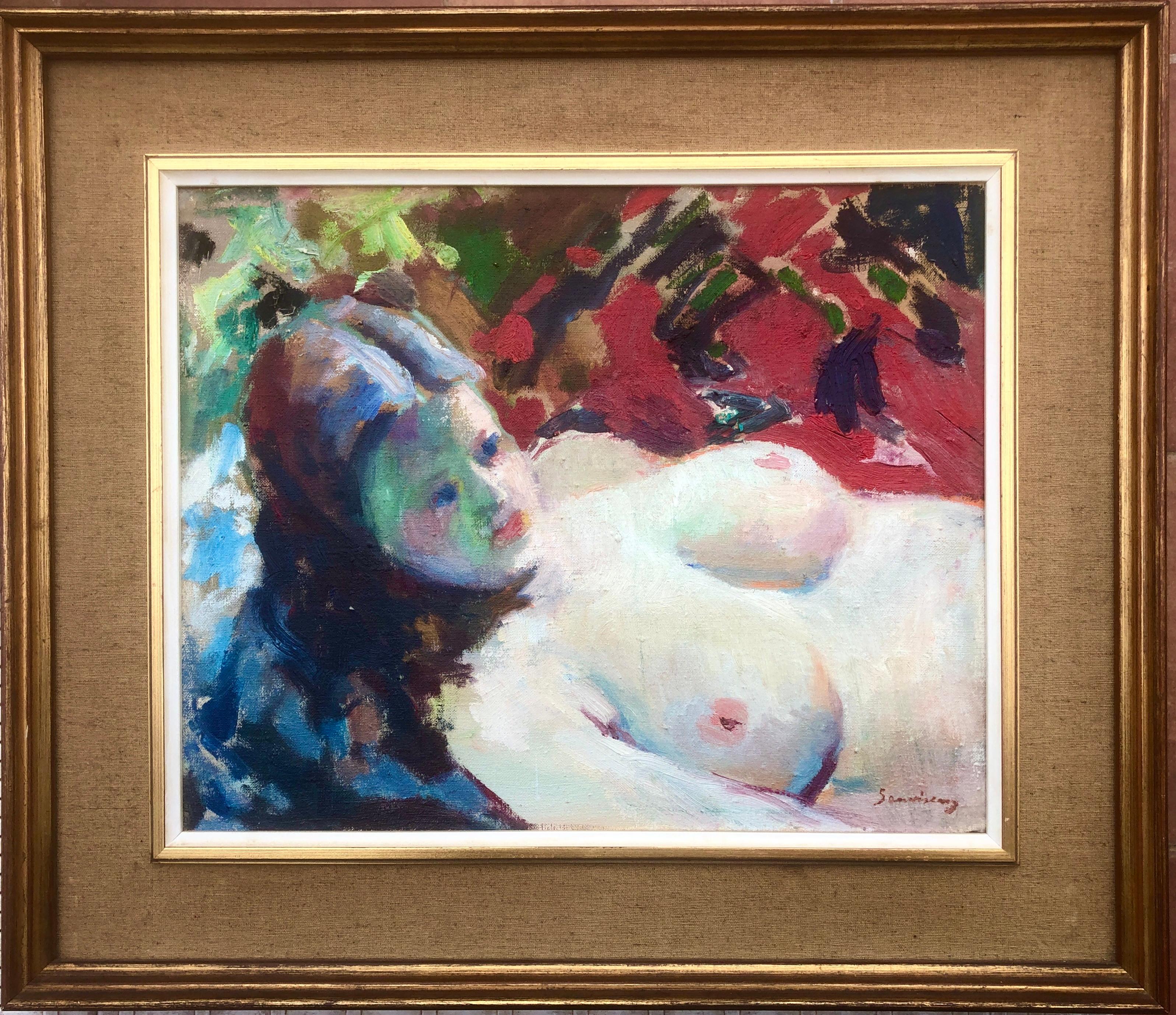 Nude woman oil on canvas painting - Painting by Ramon Sanvisens Marfull