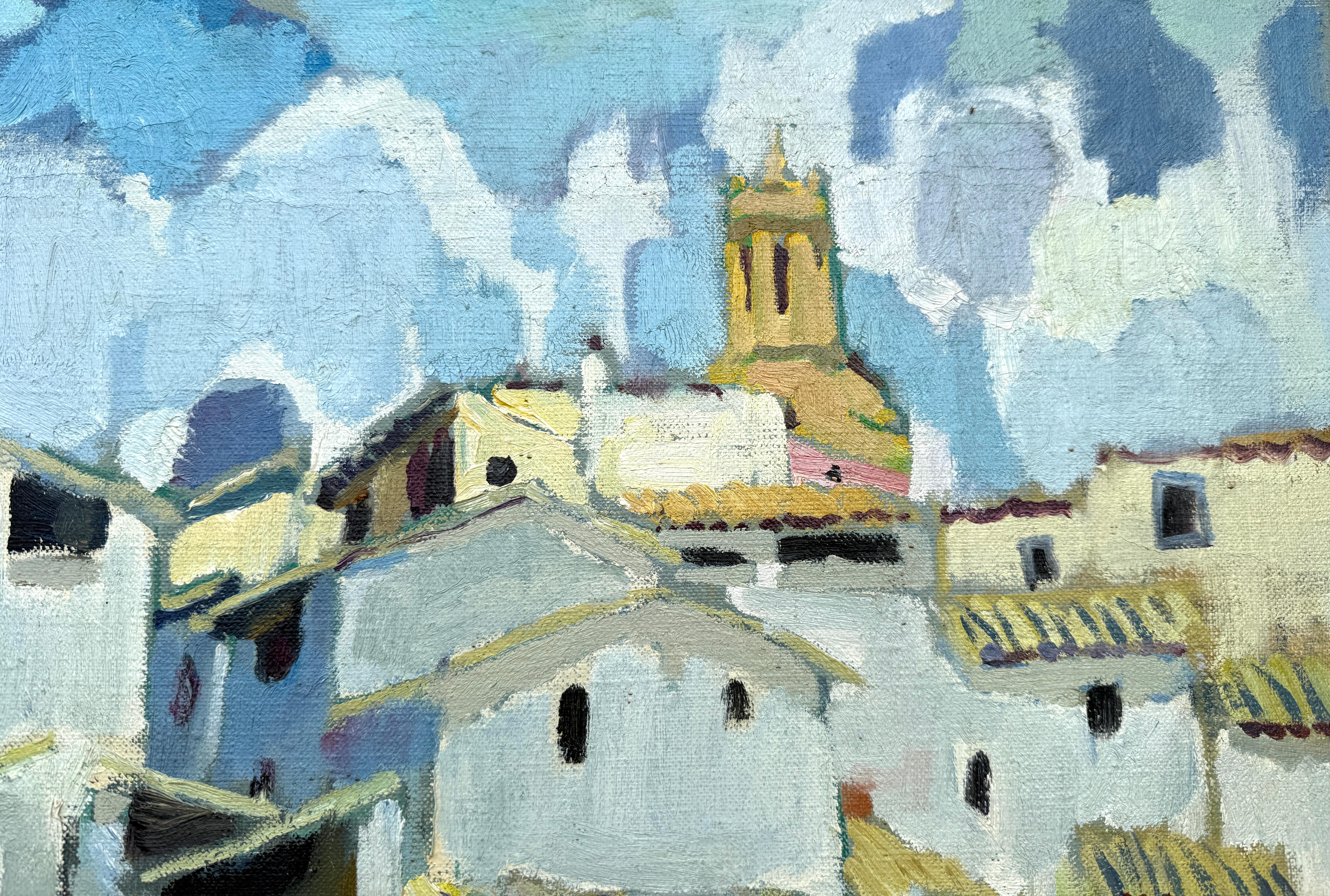 Spanische Stadt Öl auf Leinwand Gemälde Spanien mediterrane Landschaft im Angebot 1