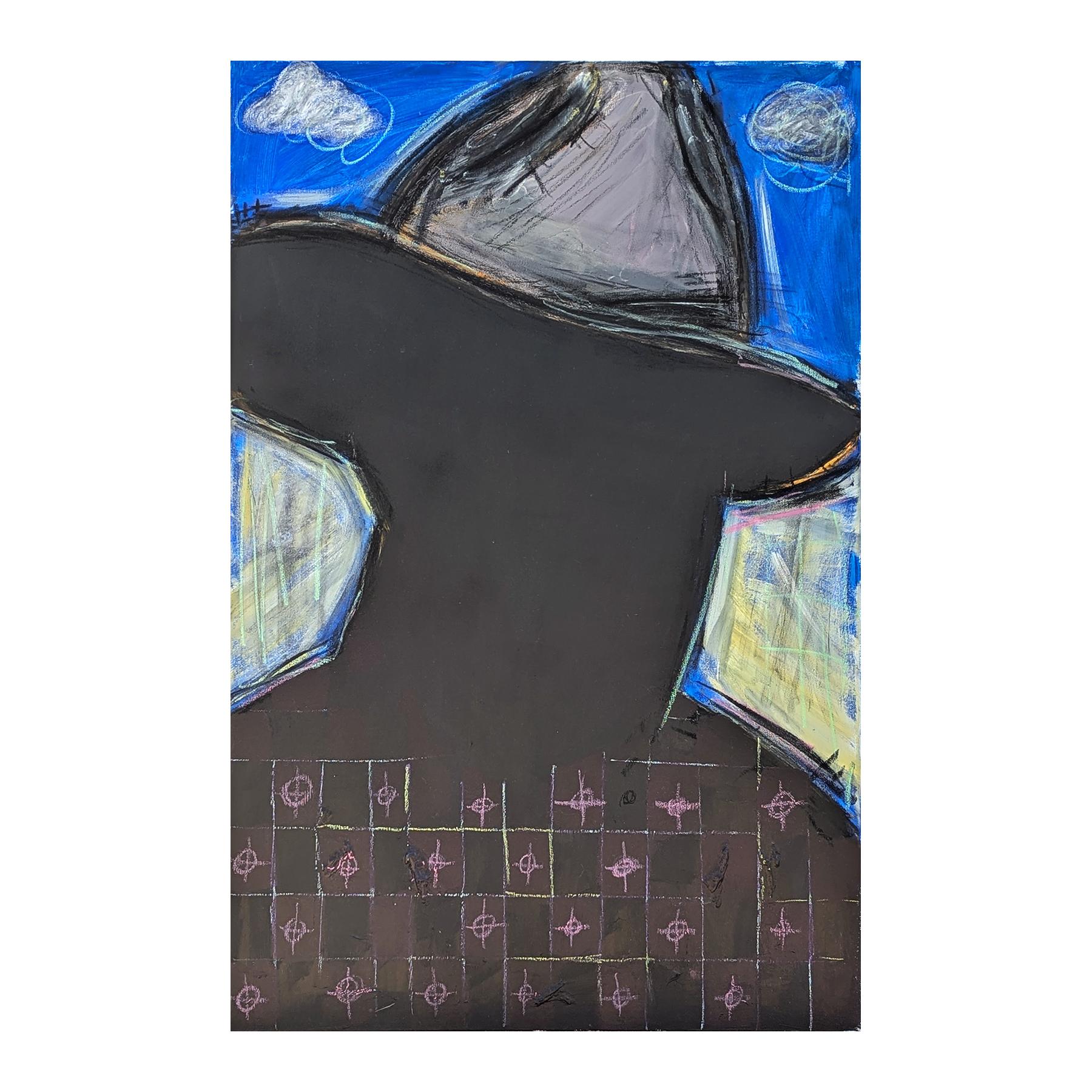 Pittura contemporanea nera e blu astratta con silhouette di cowboy occidentale - Painting di Ramon Severino