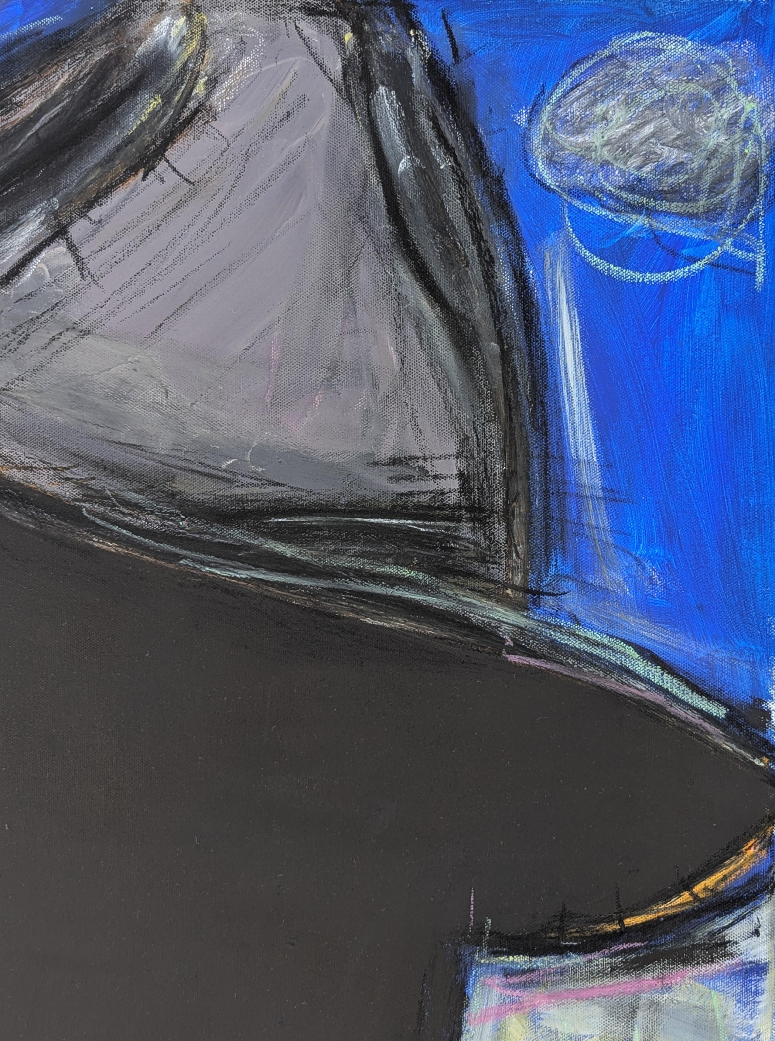 Pittura contemporanea nera e blu astratta con silhouette di cowboy occidentale - Figurative Painting Nero di Ramon Severino