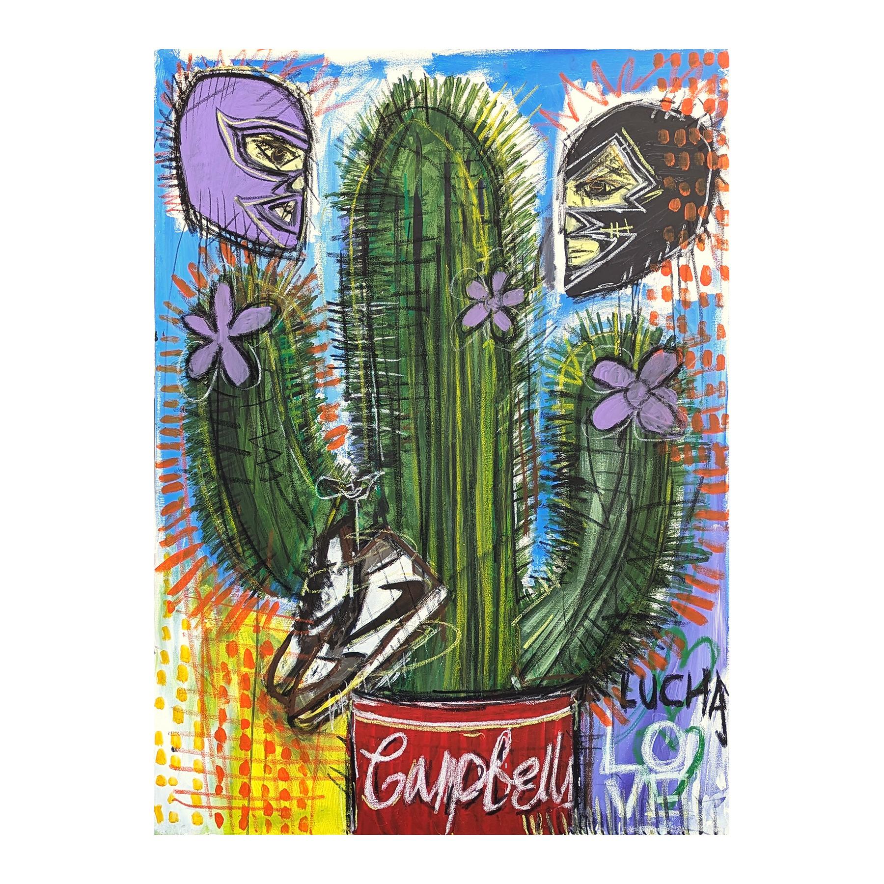 Pittura contemporanea colorata astratta con cactus, zuppa di Campbell e luchador - Painting di Ramon Severino