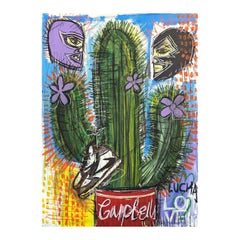 Contemporary Colorful Abstract Cactus, Campbell's Soup, and Luchador Painting