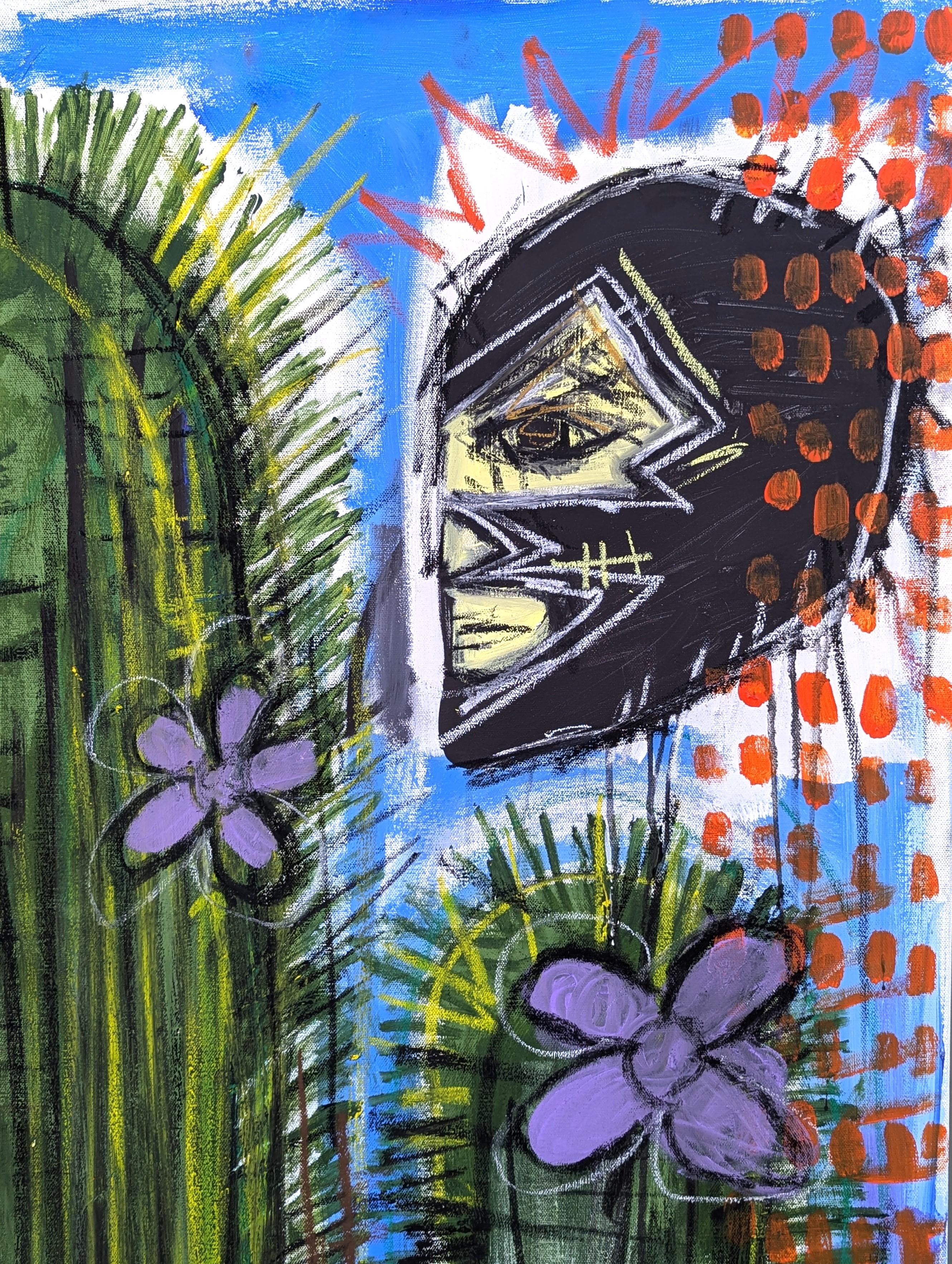 Pittura contemporanea colorata astratta con cactus, zuppa di Campbell e luchador - Abstract Painting Grigio di Ramon Severino
