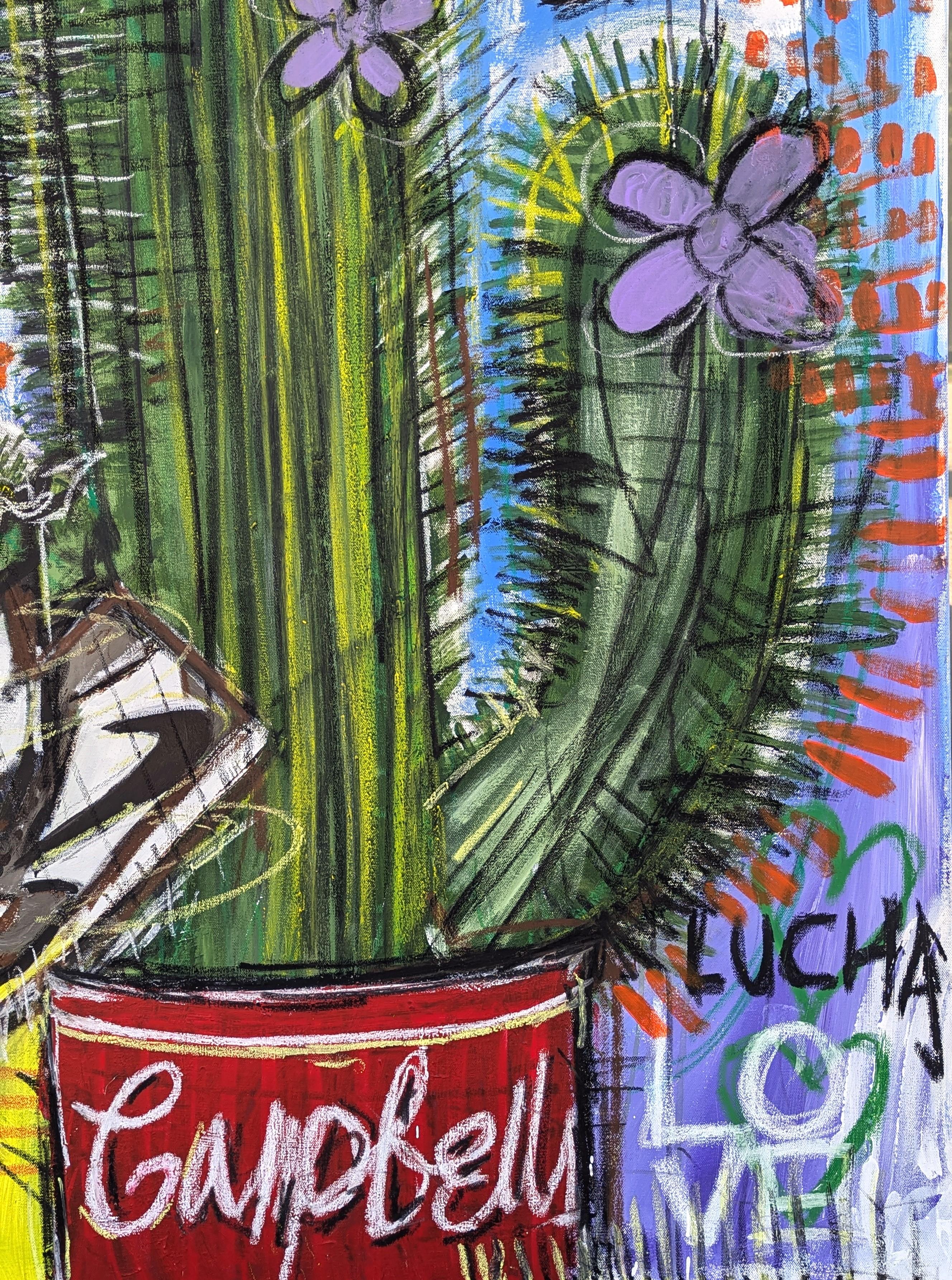 Colorato dipinto astratto contemporaneo dell'artista Ramon Severino di Houston. L'opera presenta un cactus centrale in una lattina di zuppa Campbell con un paio di scarpe da ginnastica appese. Sullo sfondo, due luchador si affrontano. Firmato e
