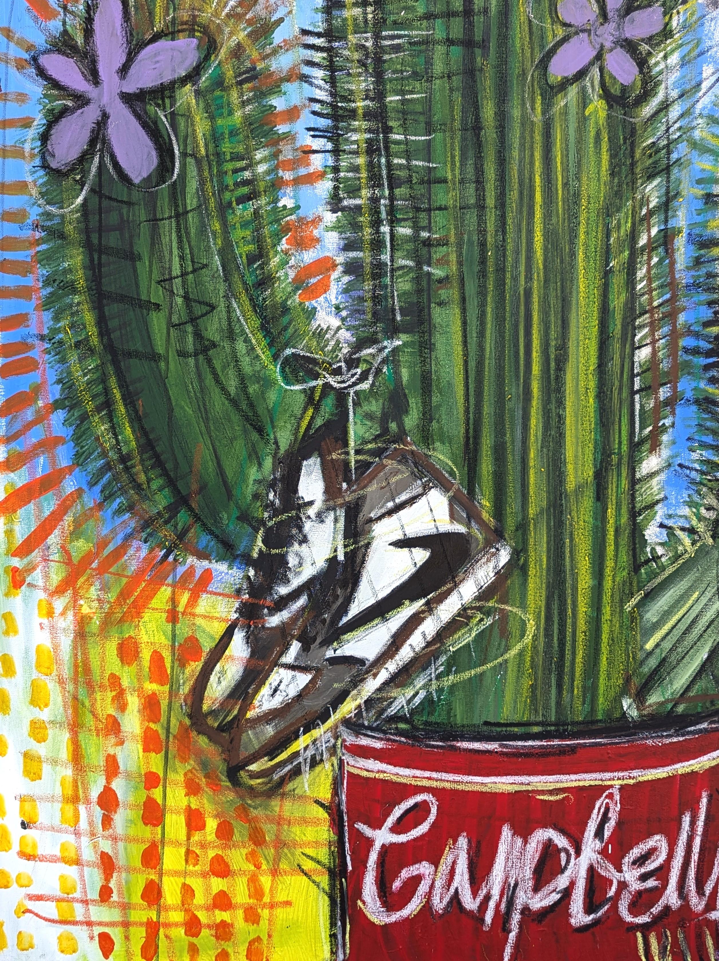 Pittura contemporanea colorata astratta con cactus, zuppa di Campbell e luchador in vendita 1
