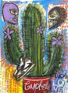 Contemporary Colorful Abstract Cactus, Campbell's Soup, and Luchador Painting