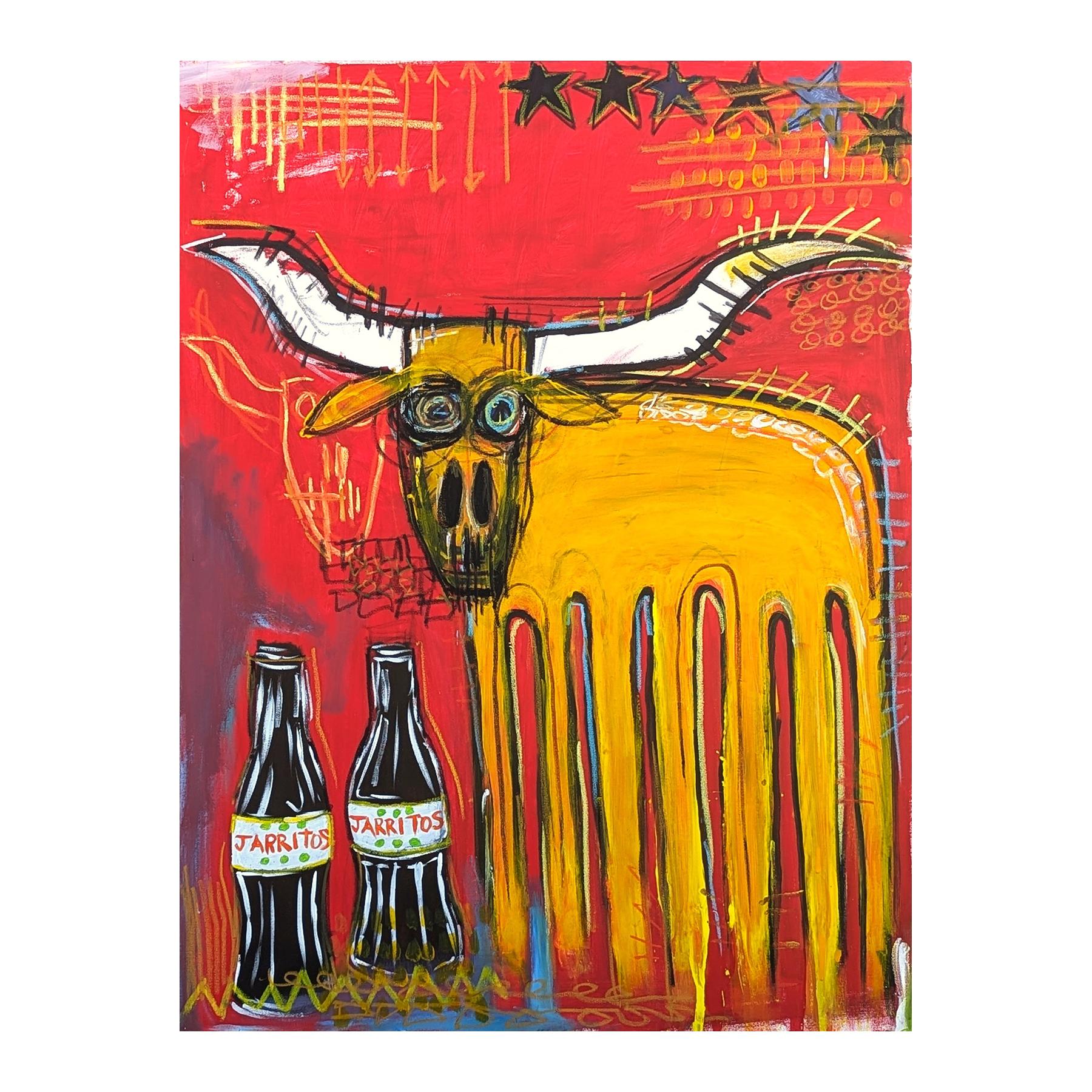 Contemporary Colorful Red Toned Abstract Longhorn and Jarritos Painting - Orange Animal Painting by Ramon Severino
