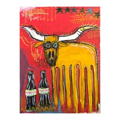 Contemporary Colorful Red Toned Abstract Longhorn and Jarritos Painting