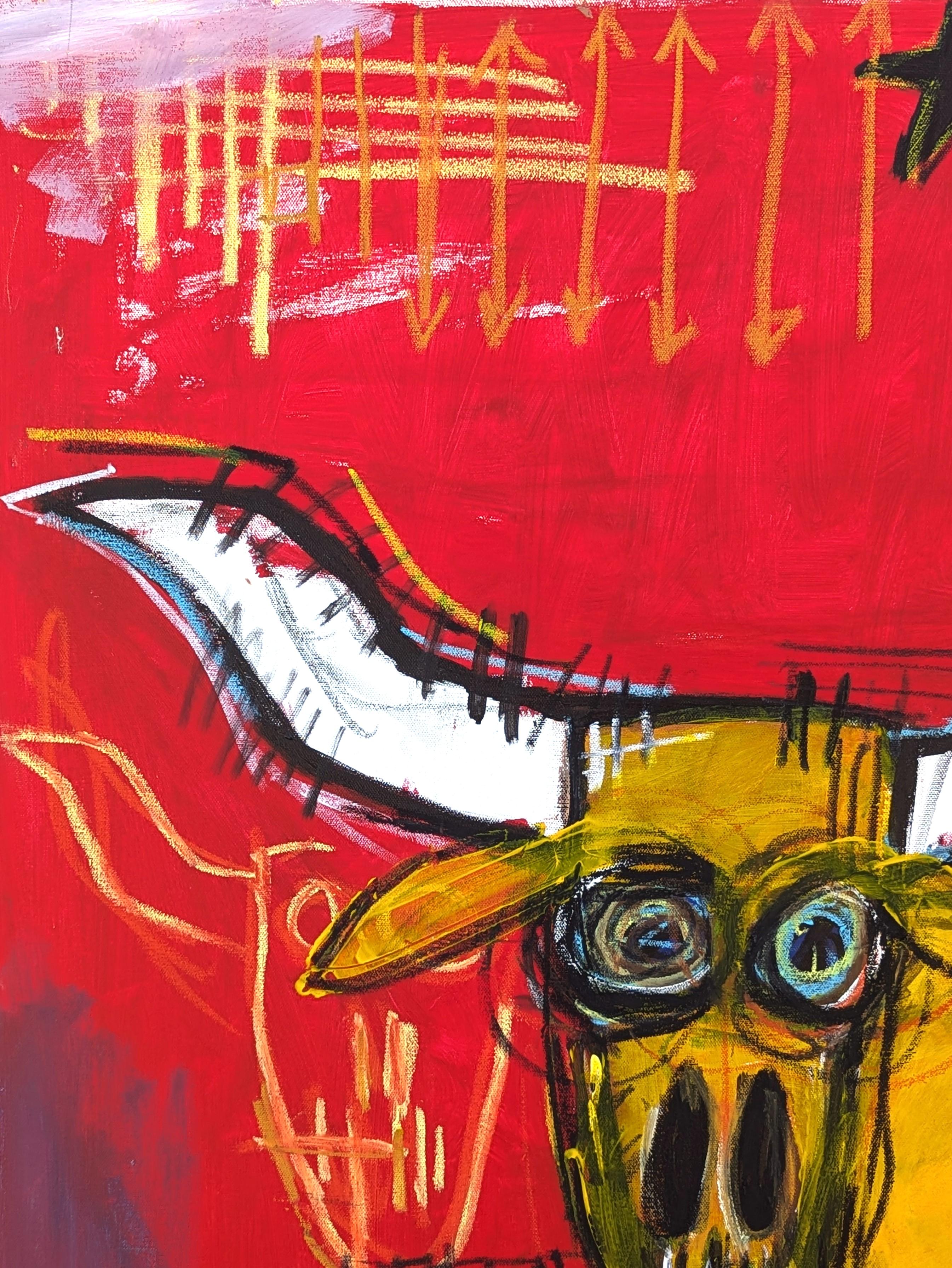 Colorful contemporary abstract painting by Houston-based artist Ramon Severino. The work features a central, many-legged longhorn standing next to two bottles of Jarritos against a red background. Signed and dated on the reverse. Currently unframed,