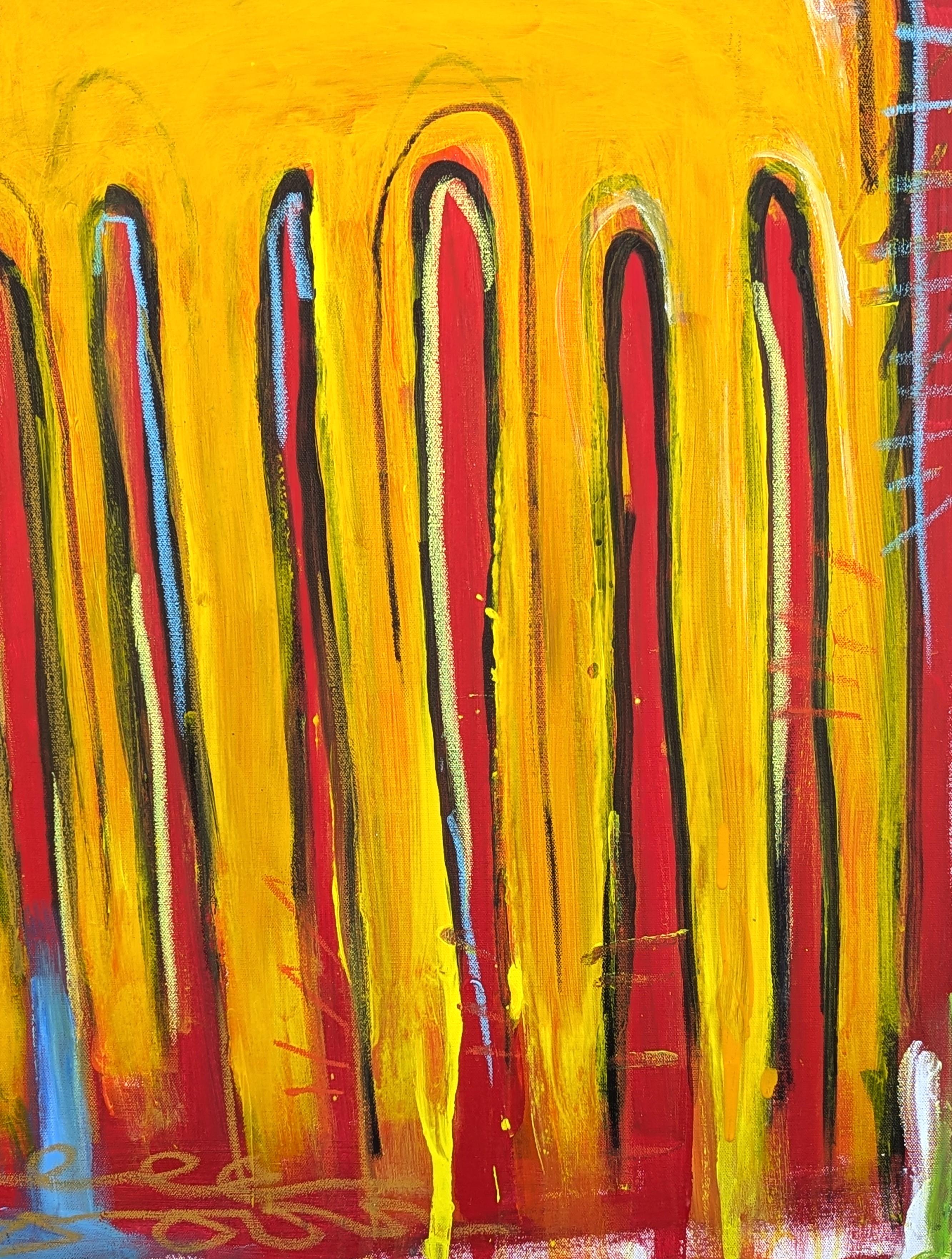 Contemporary Colorful Red Toned Abstract Longhorn and Jarritos Painting 2