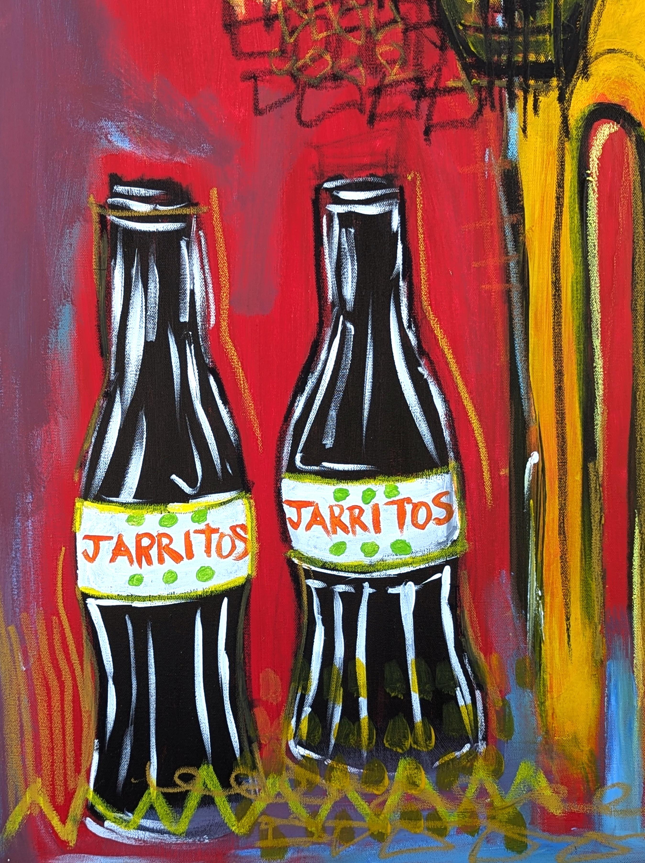 Contemporary Colorful Red Toned Abstract Longhorn and Jarritos Painting 3