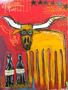 Contemporary Colorful Red Toned Abstract Longhorn and Jarritos Painting