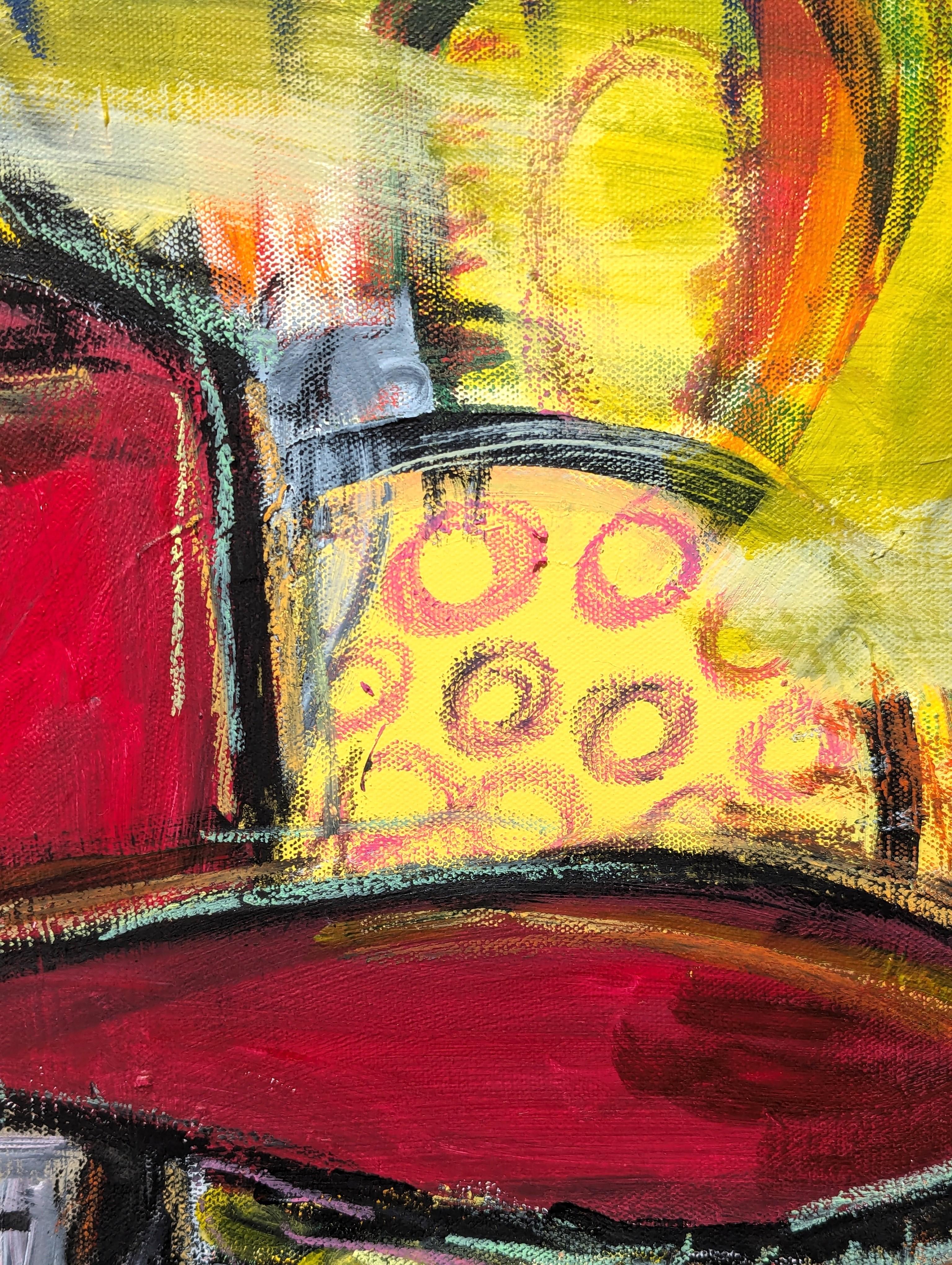 Pittura contemporanea colorata rossa, gialla, verde e arancione di un cowboy astratto in vendita 5