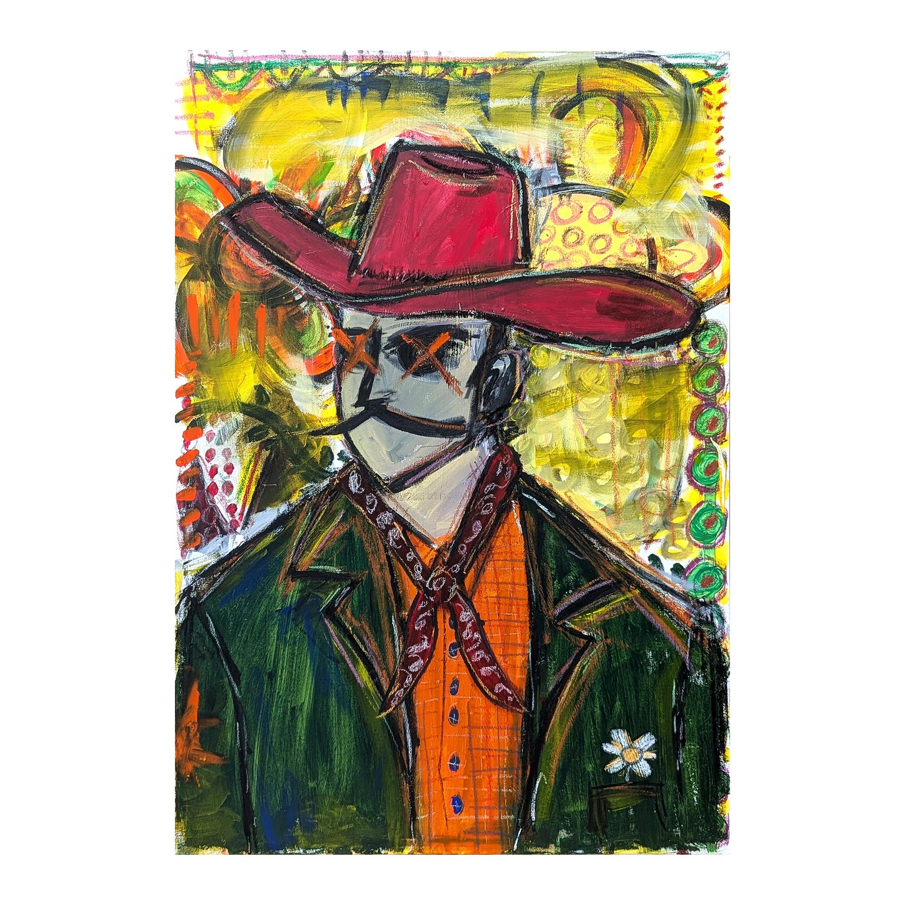 Pittura contemporanea colorata rossa, gialla, verde e arancione di un cowboy astratto - Painting di Ramon Severino