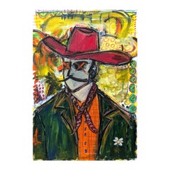Contemporary Colorful Red, Yellow, Green, & Orange Abstract Cowboy Painting