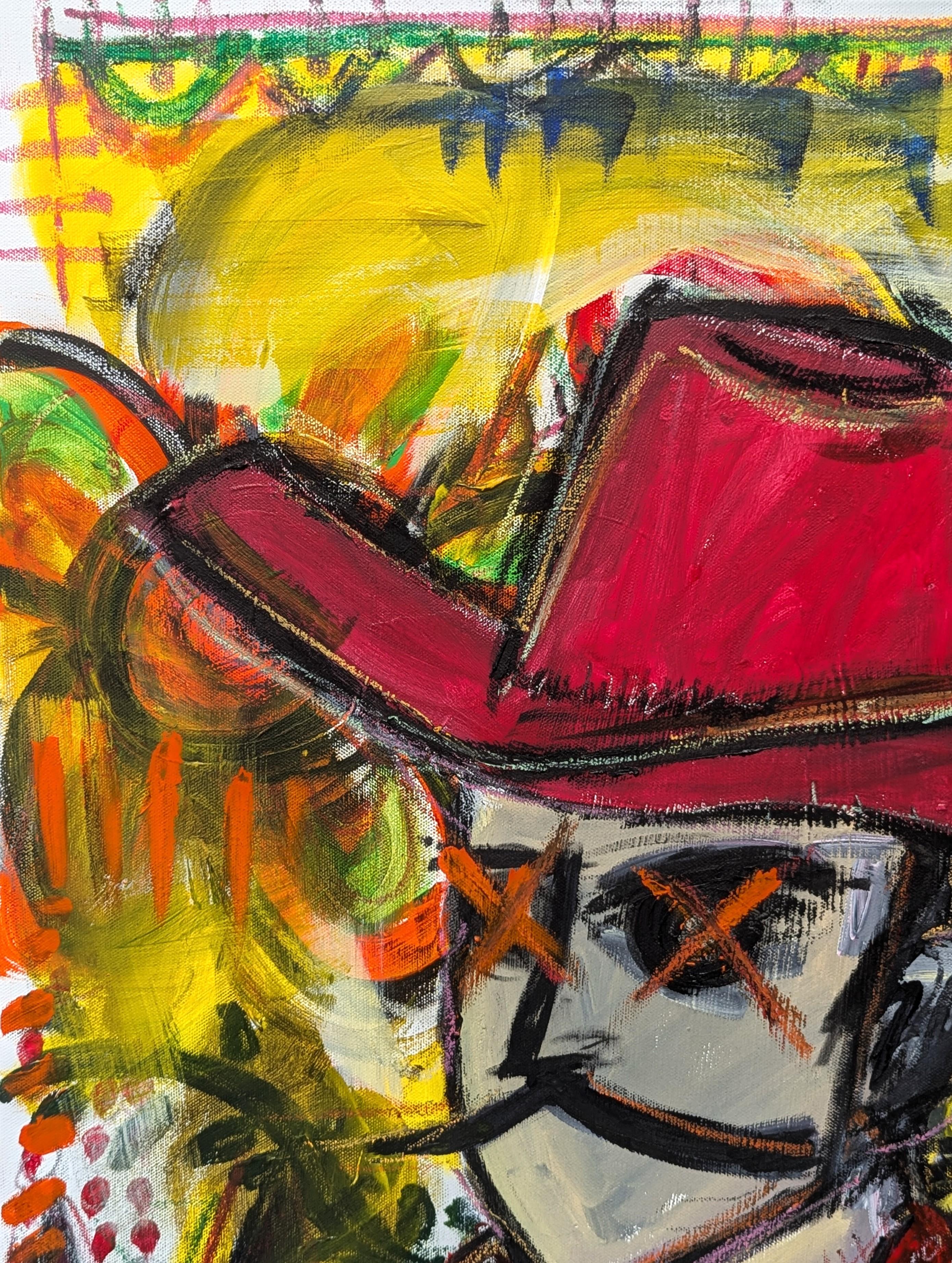 Pittura contemporanea colorata rossa, gialla, verde e arancione di un cowboy astratto - Painting Contemporaneo di Ramon Severino