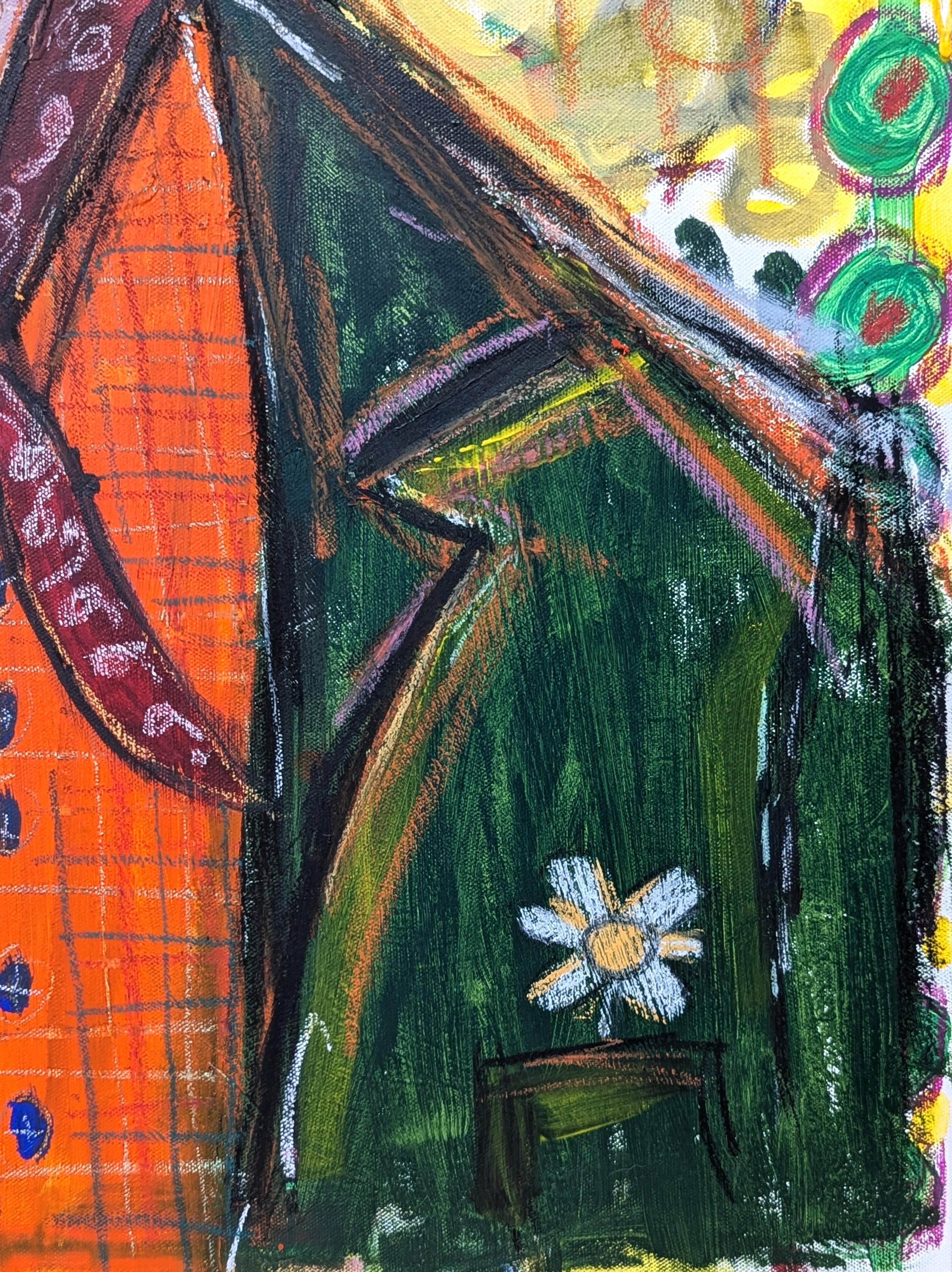 Colorato dipinto astratto contemporaneo dell'artista Ramon Severino di Houston. L'opera presenta una figura centrale di cowboy baffuto che indossa un cappello da cowboy rosso e una giacca verde su uno sfondo giallo. Firmato e datato sul retro.